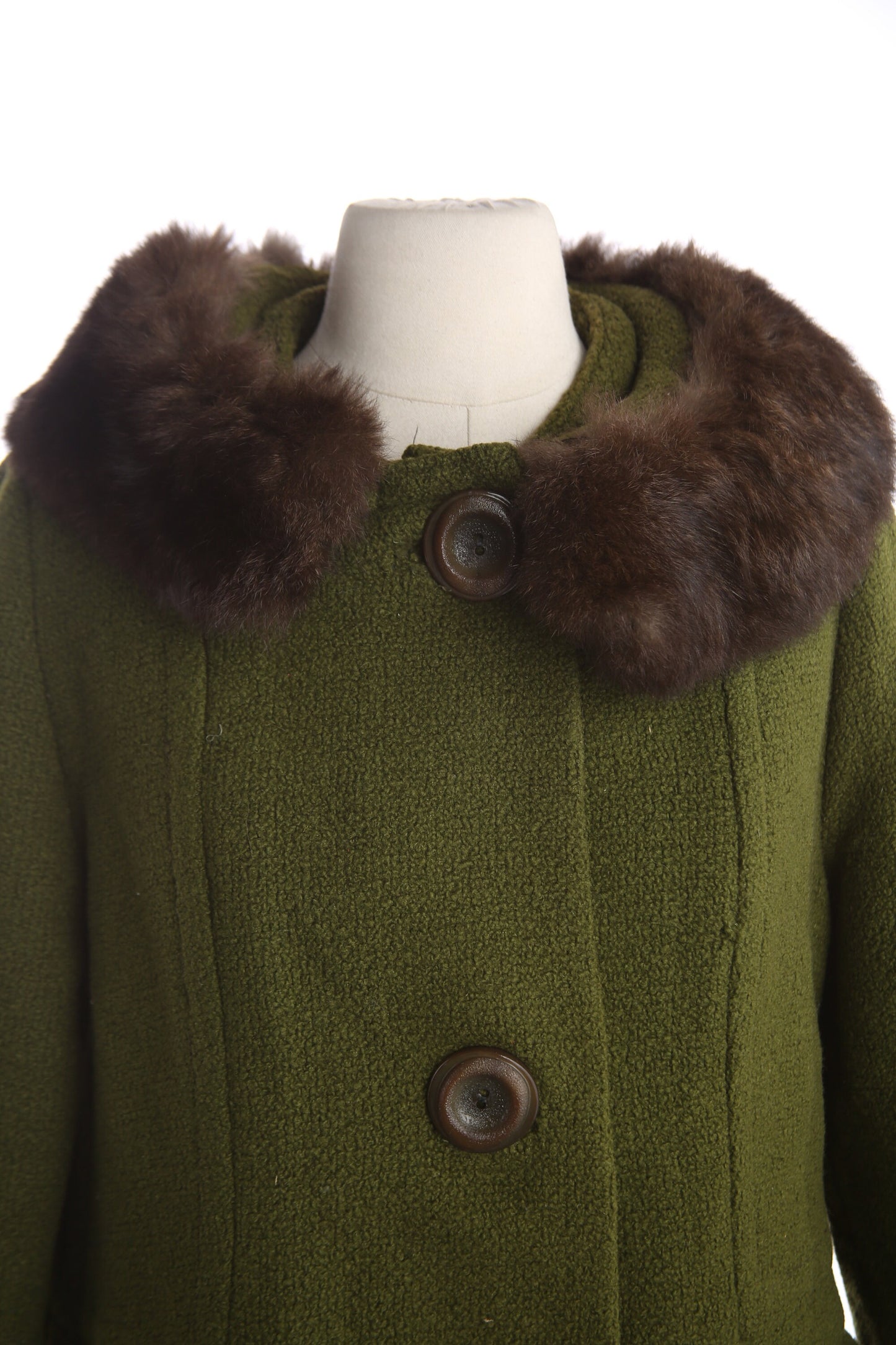 Vintage Women's Green Winter Coat with Brown Fur Collar - Estimated Era 1950's - 1960's