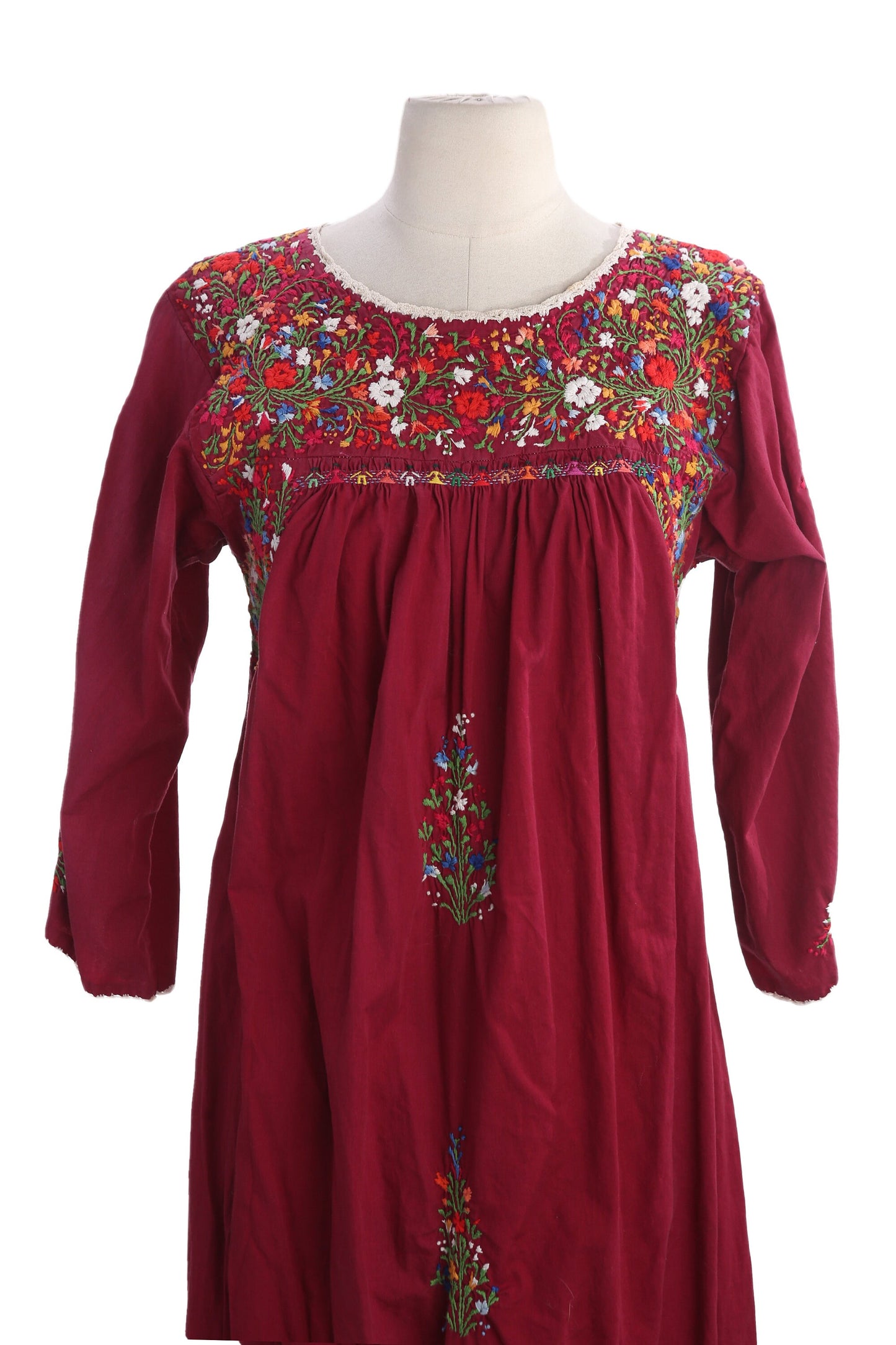 Vintage Women's Red Floral Embroidered Long Sleeve Ethnic Dress by Vagabond Imports Handmade in Mexico