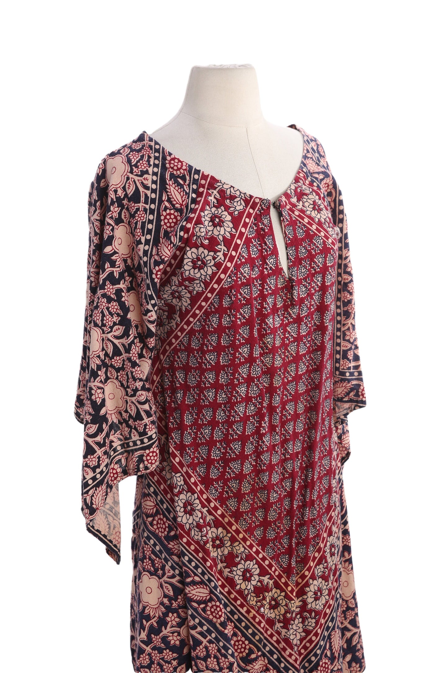 Vintage Women's Floral Block Print Bohemian Red Long Sleeve Dress A Line Shape - Estimated Era 1970's - 1980's