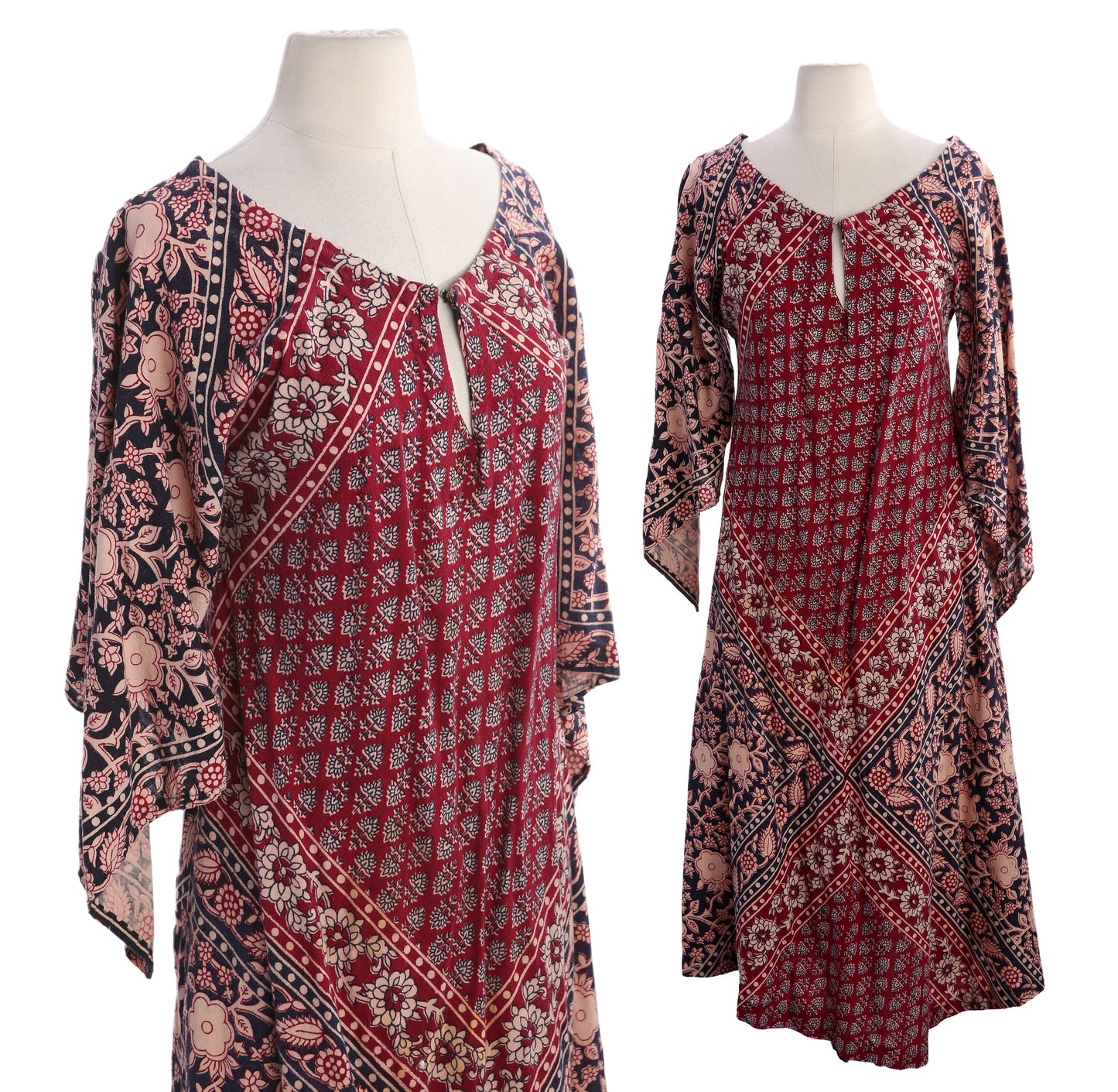 Vintage Women's Floral Block Print Bohemian Red Long Sleeve Dress A Line Shape - Estimated Era 1970's - 1980's