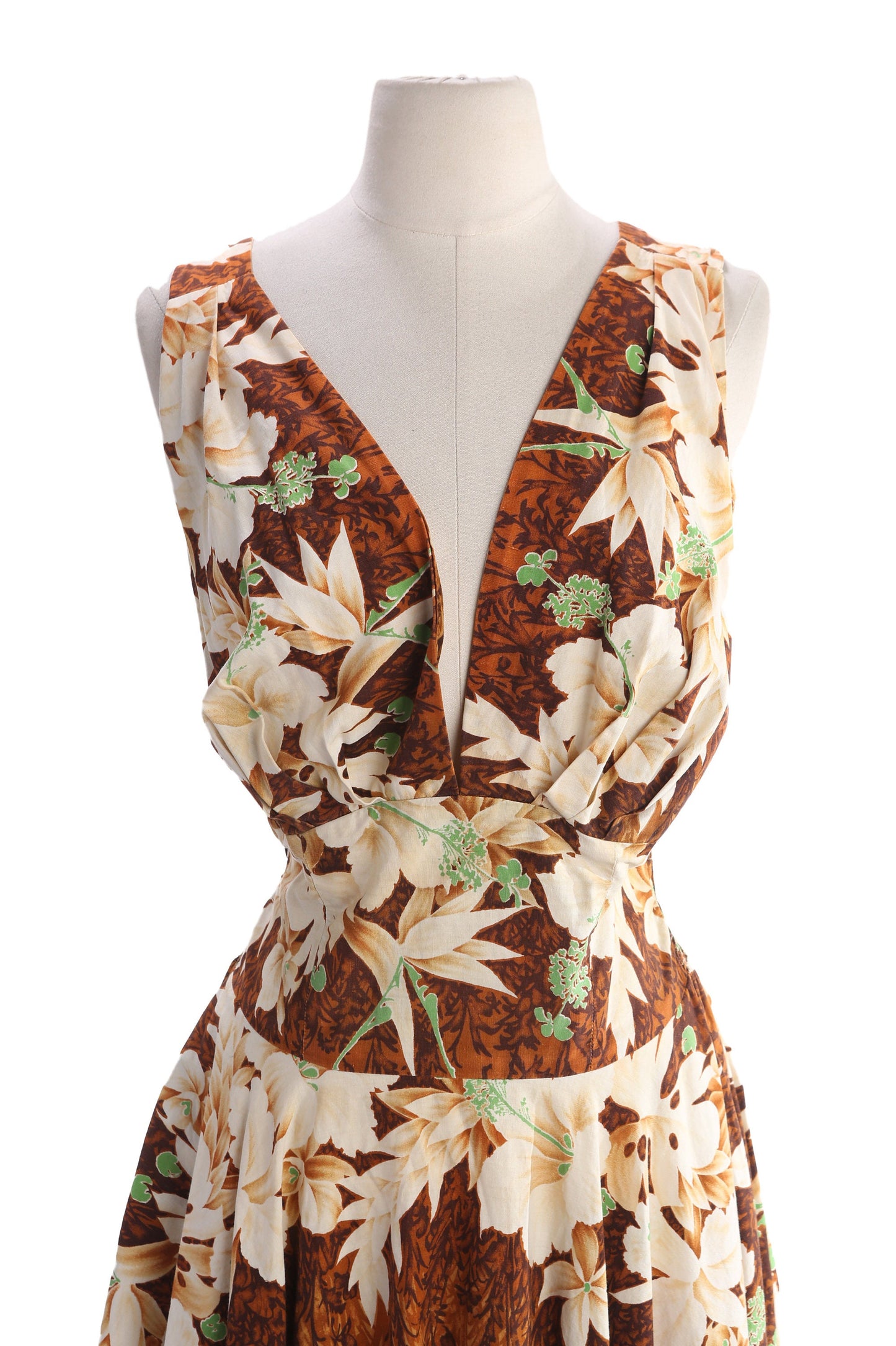 1940s Floral Print Brown Hawaiian Dress Sleeveless V Neck Back Zipper Closure