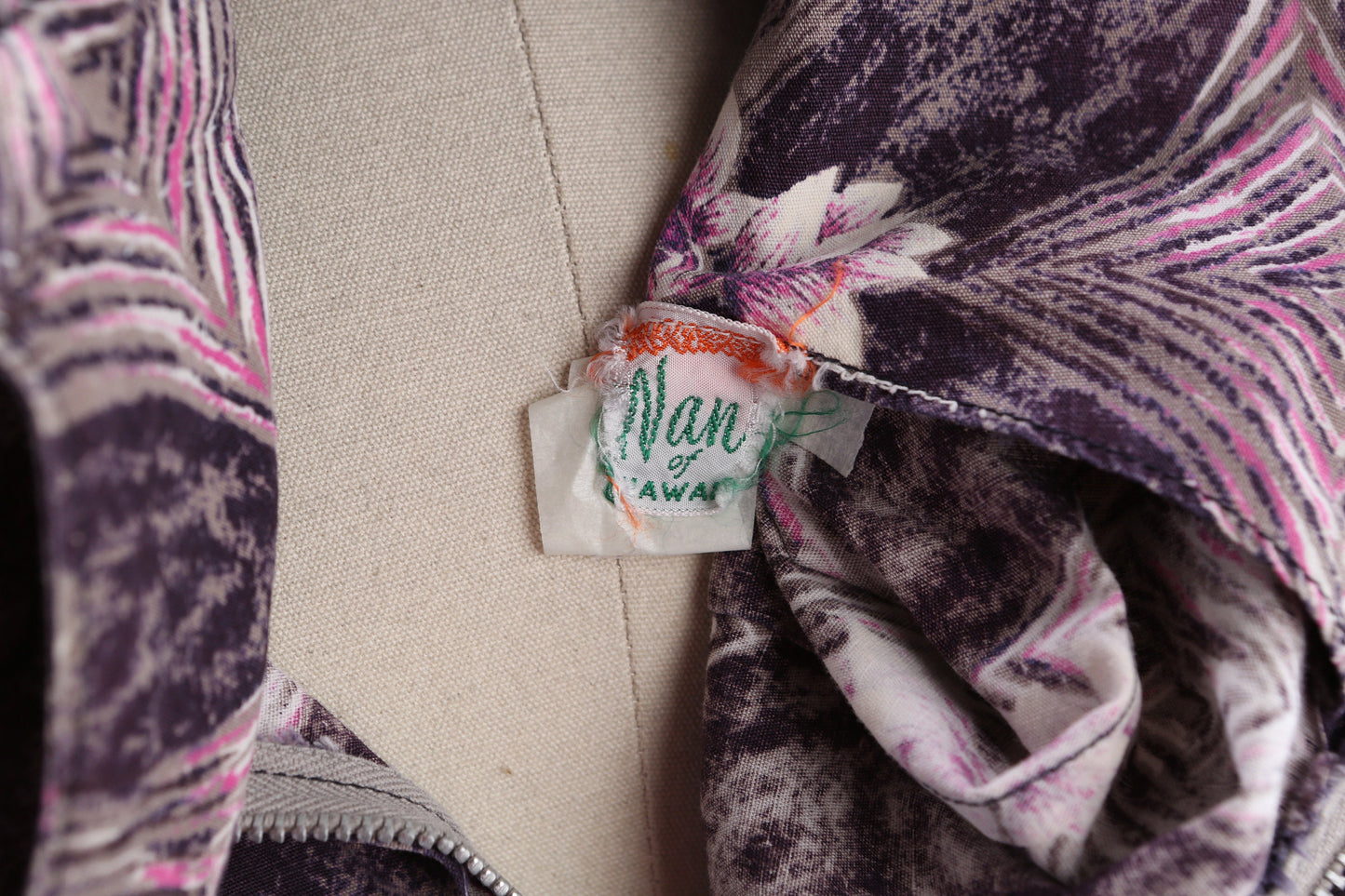 Vintage Hawaiian Dress Long Floral Purple Print Half Long Sleeve Estimated Era 1940's - 1950's