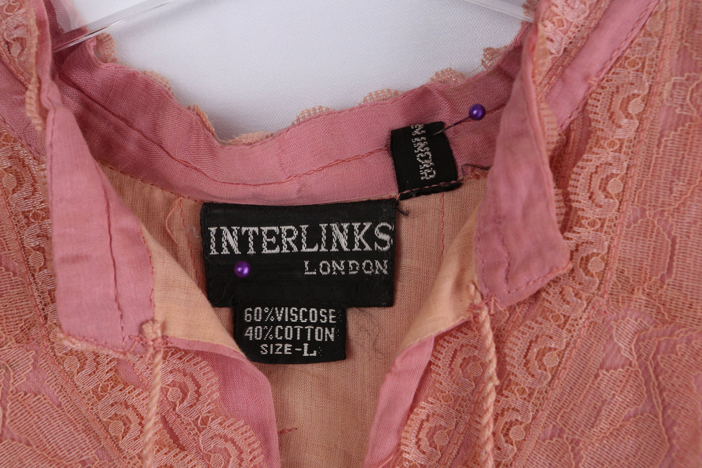 Vintage Women's Pink Lace Bohemain Dress by Interlinks Made in India Vintage Size Large