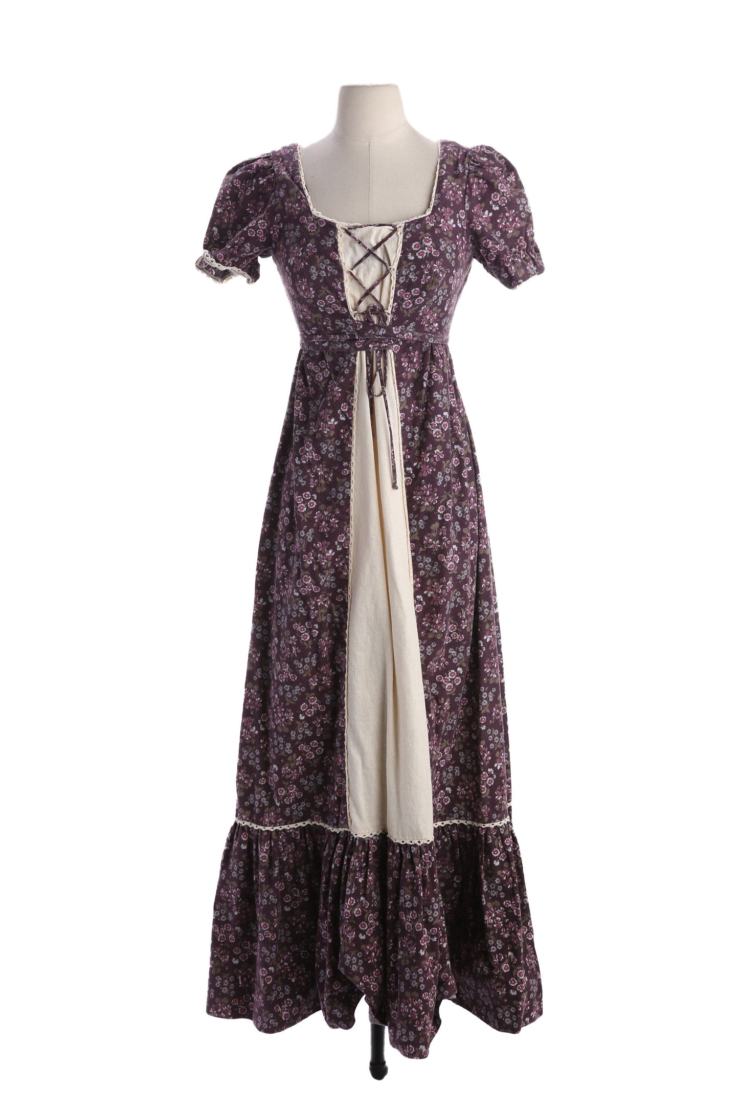 1970s Long Brown Floral Print Summer Prairie Dress Short Sleeve