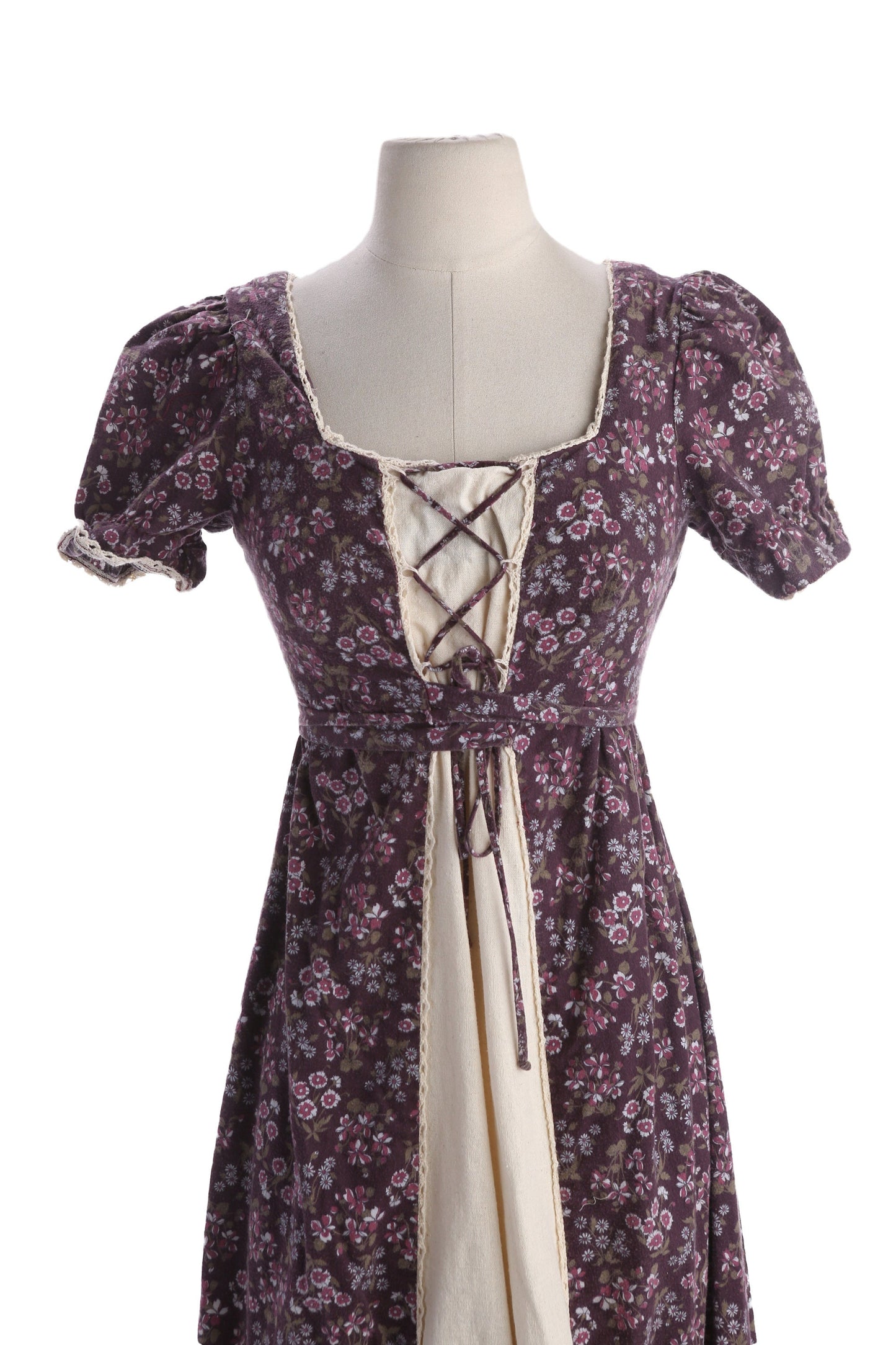 1970s Long Brown Floral Print Summer Prairie Dress Short Sleeve