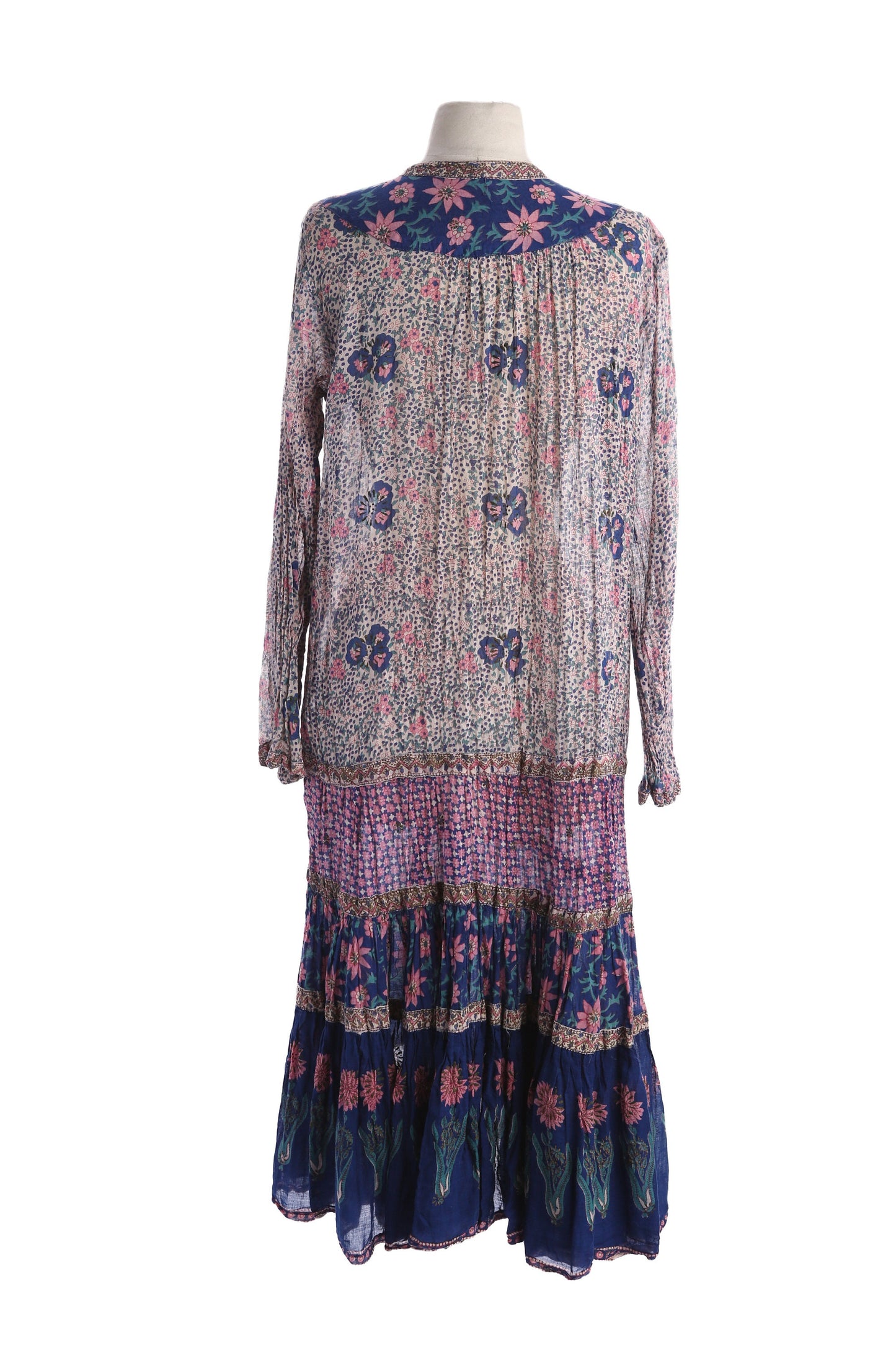 Vintage Boho Indian Dress with Floral Block Print Sheer Fabric Long Sleeve