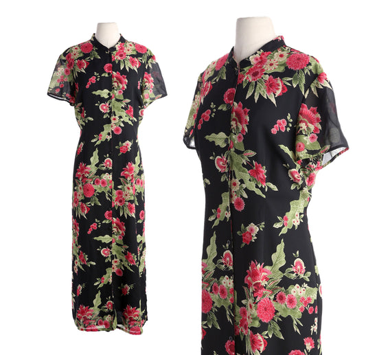 Y2K Women Black Floral Print Button Casual Summer Dress by Emma Jones
