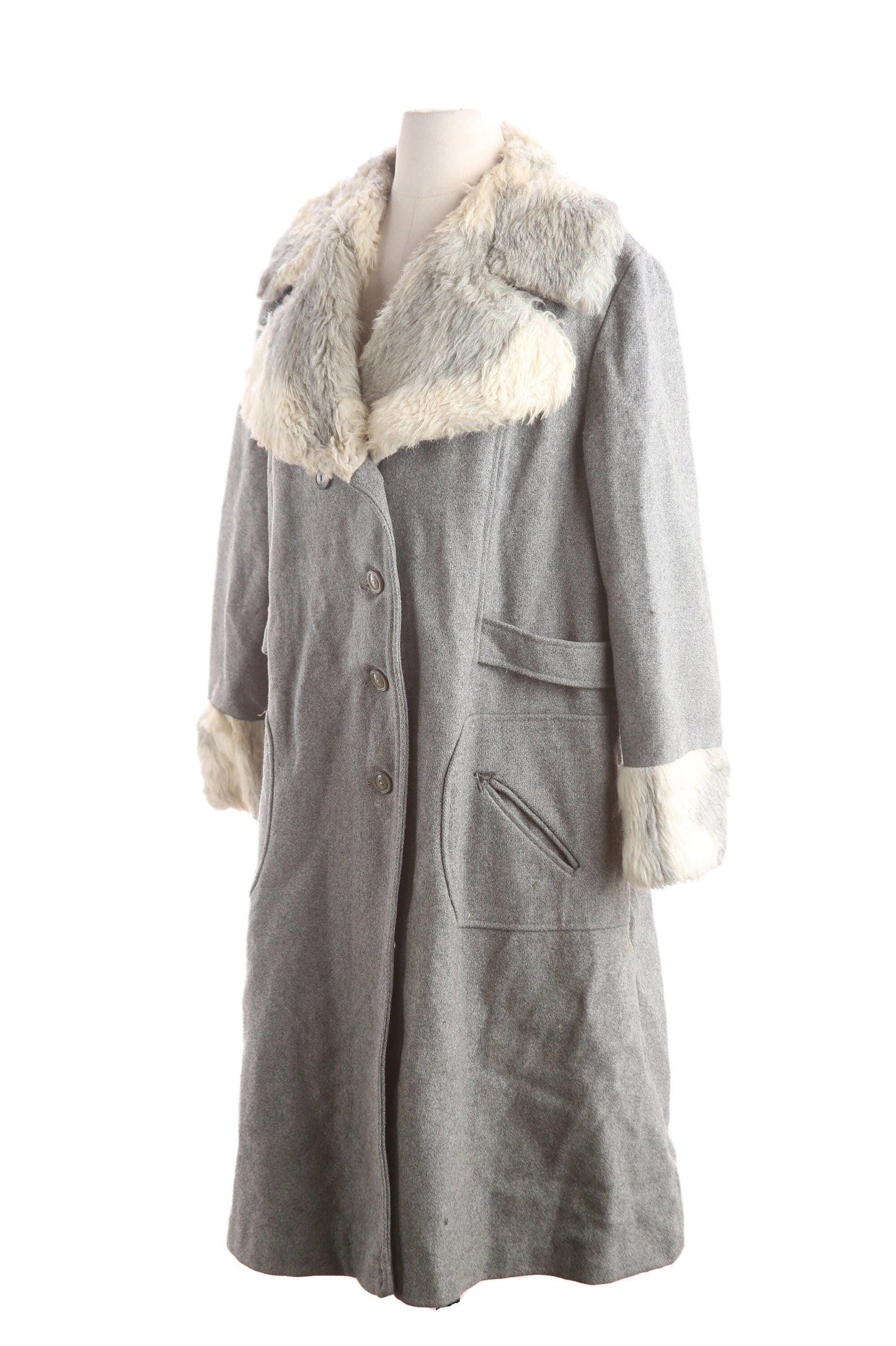 Vintage Women's Gray Winter Coat with White Faux Fur Collar - Estimated Era 1960's - 1970's