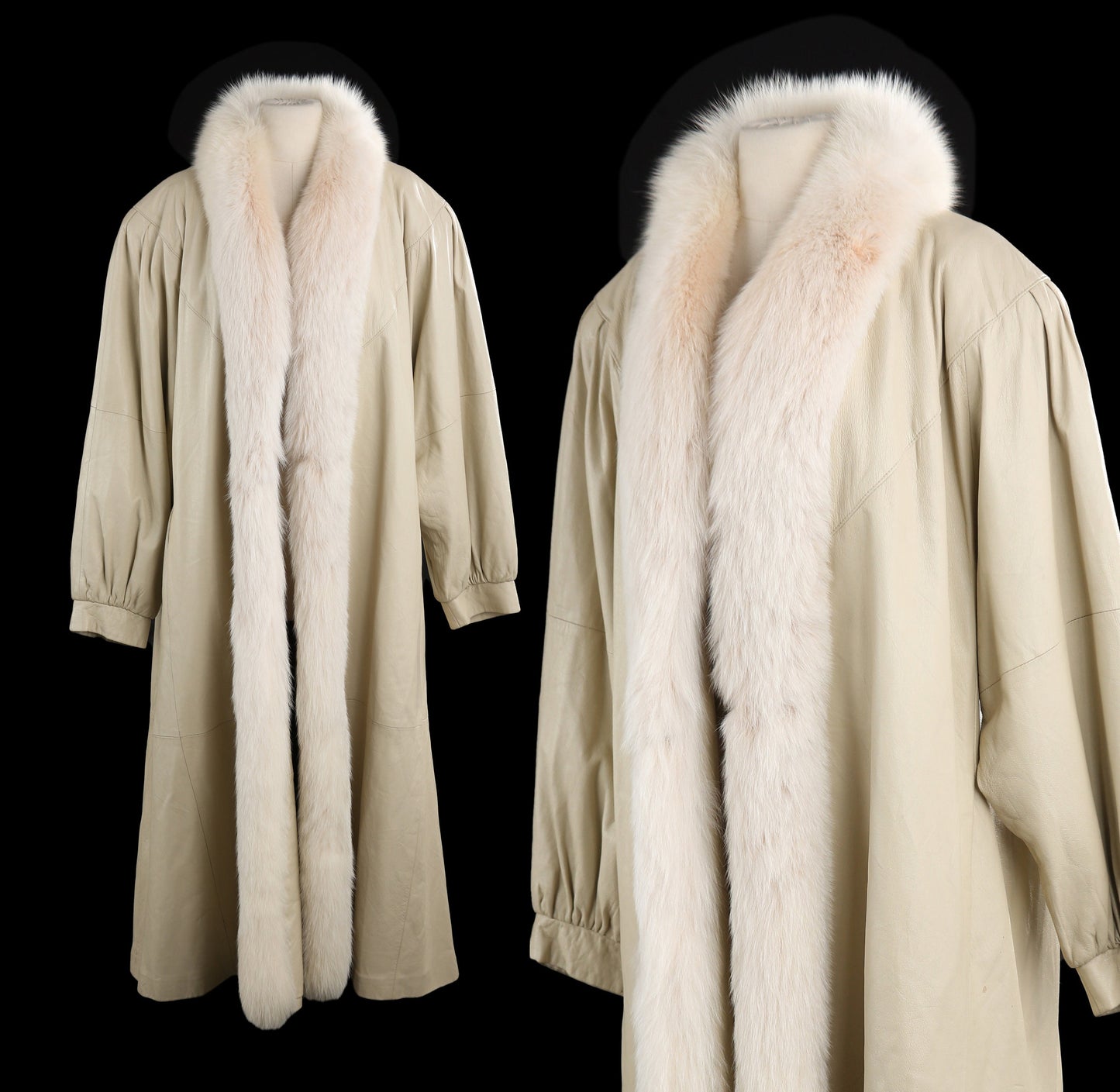 Women White Leather Coat with Fur Collar - Estimated Era 1980's - 1990's