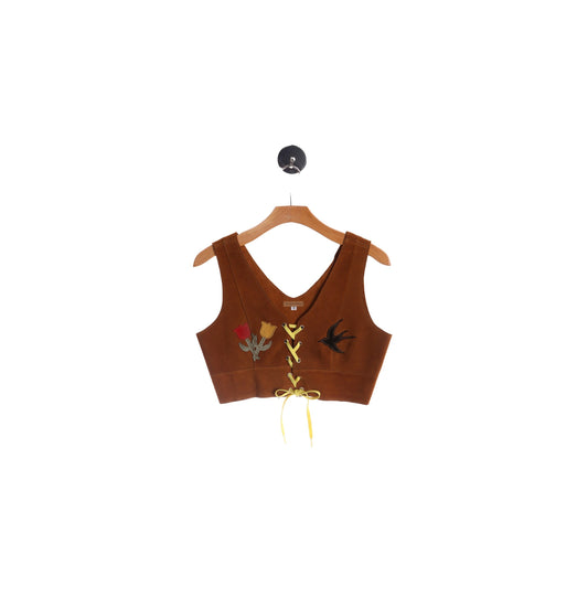 Women Tan Suede Top with Patch Details and String Front Closure