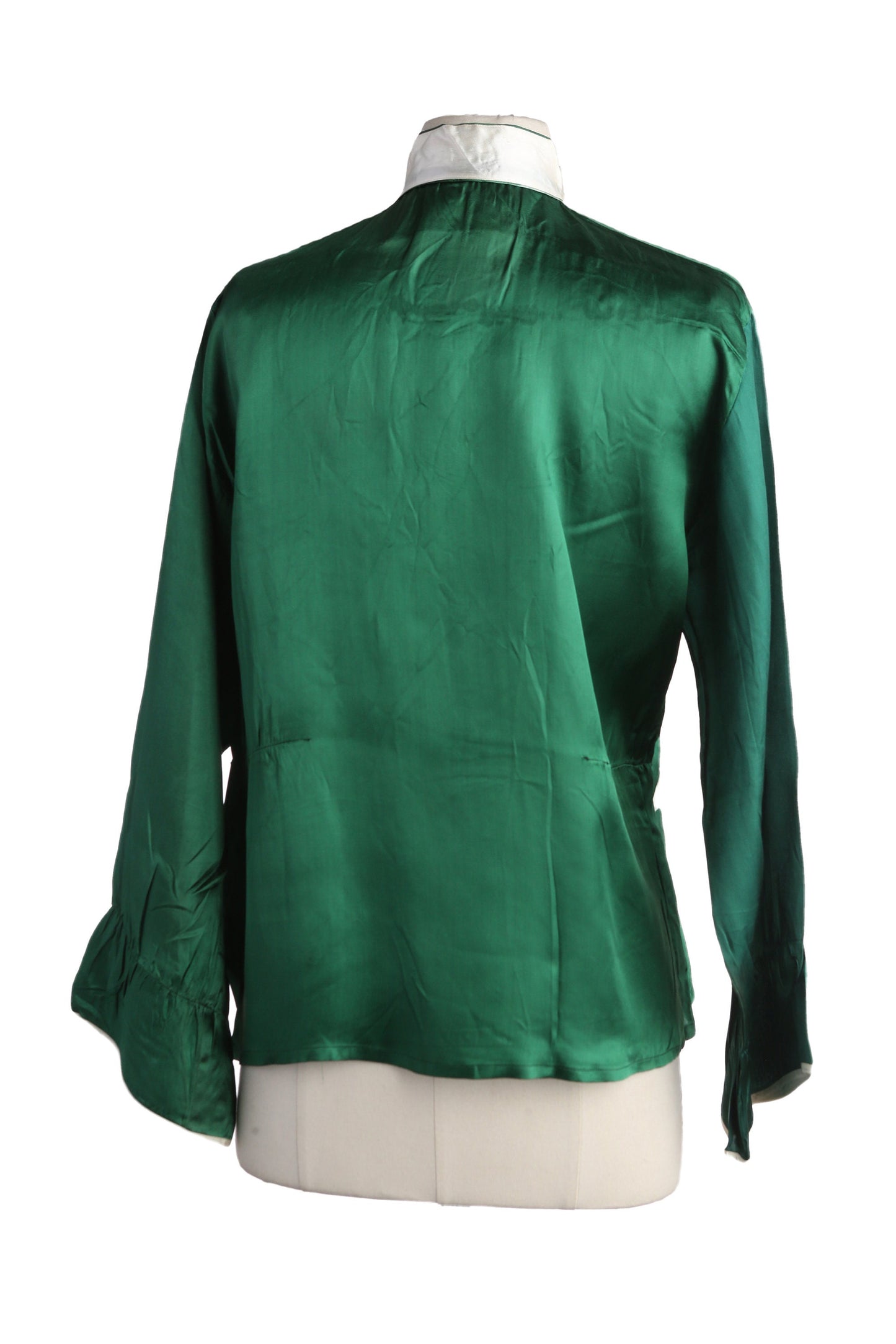 Vintage Women's Green Satin Cheongsam Blouse with Flower embroidered Design - Estimated Era 1960's - 1970's