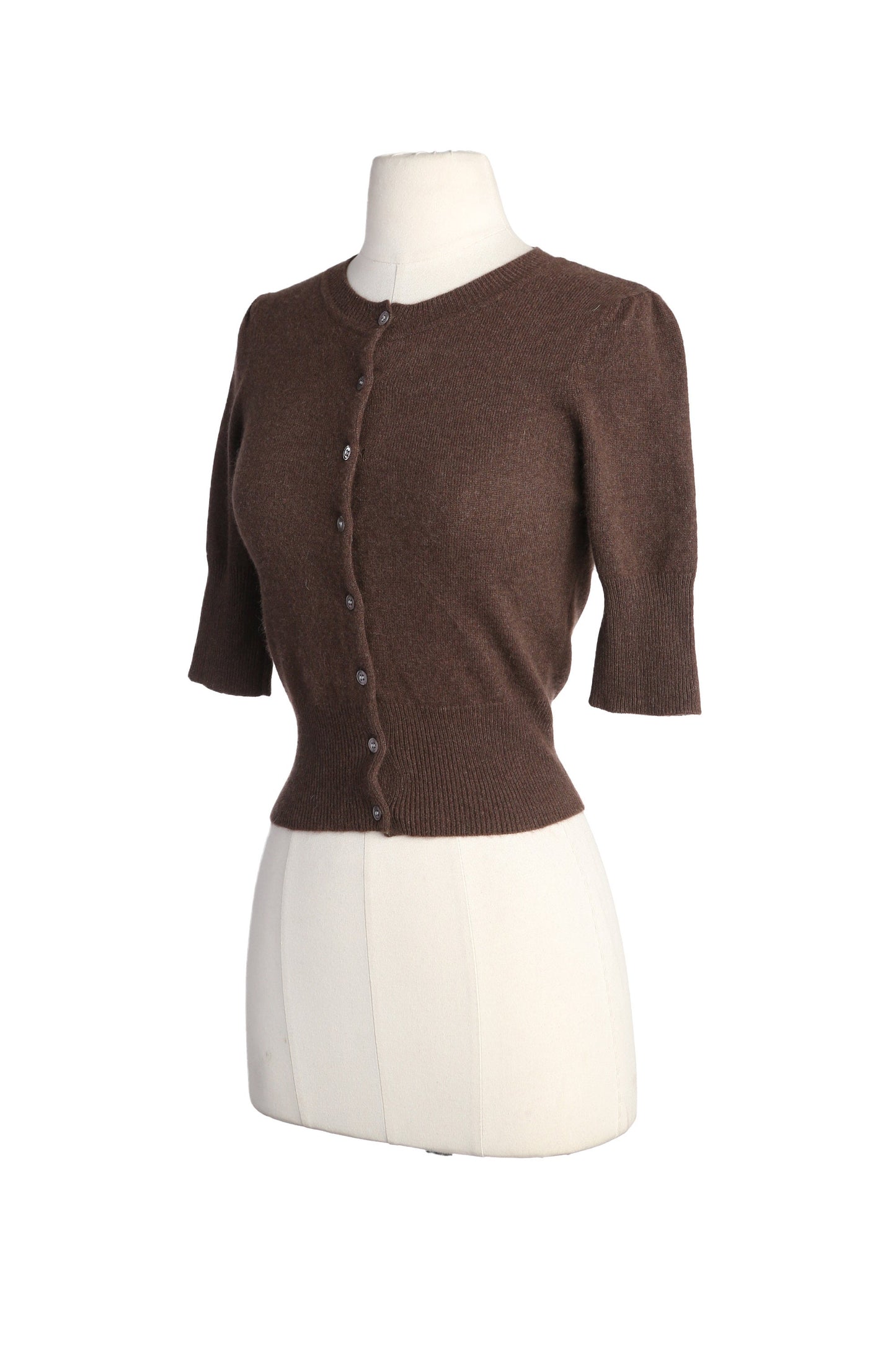 Women's Brown 3/4 Sleeve Cardigan Crew Neck Cashmere Sweater