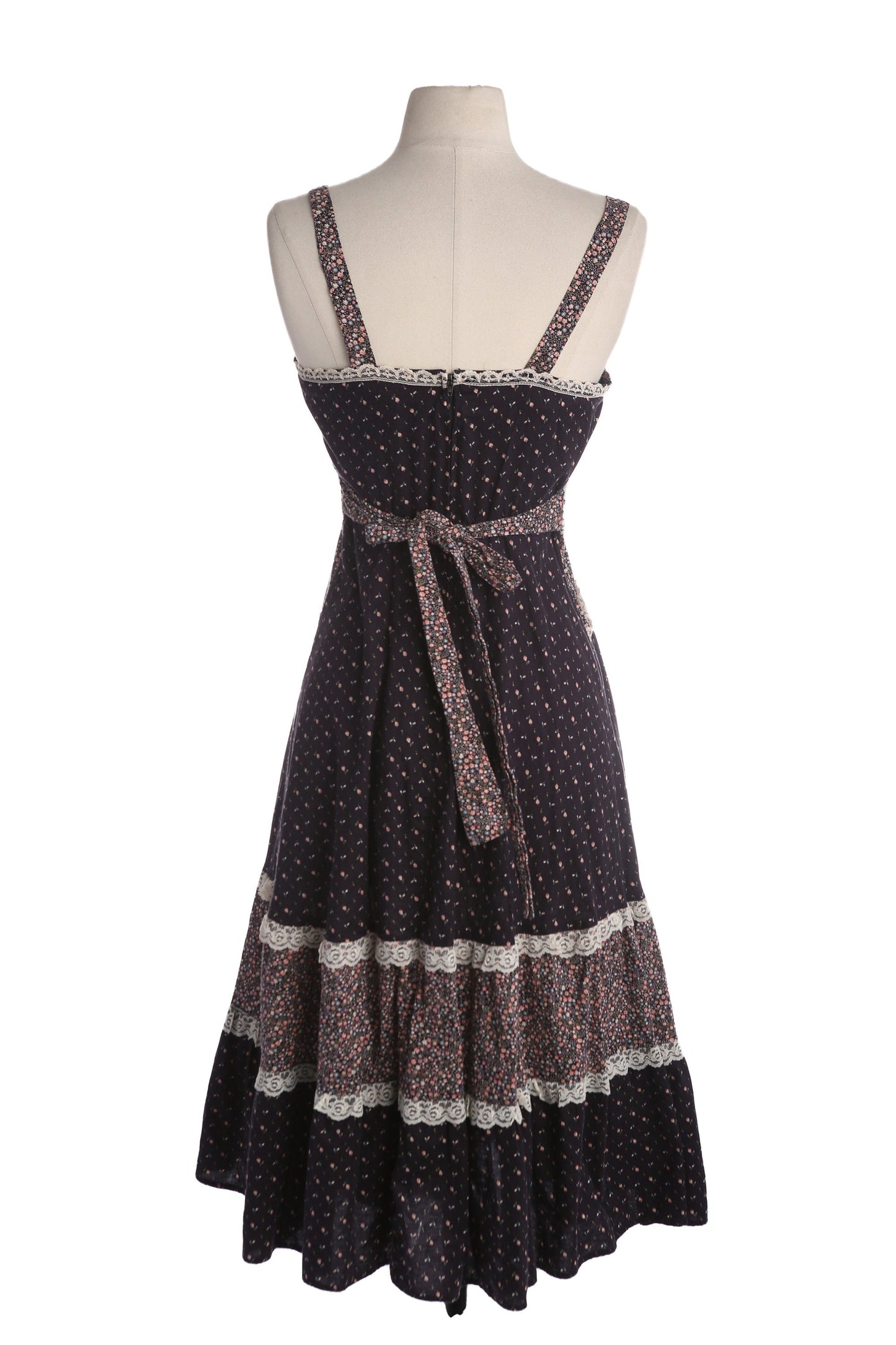 Vintage Black Floral Print Prairie Sleeveless Summer Dress - Estimated Era 1970's - 1980's