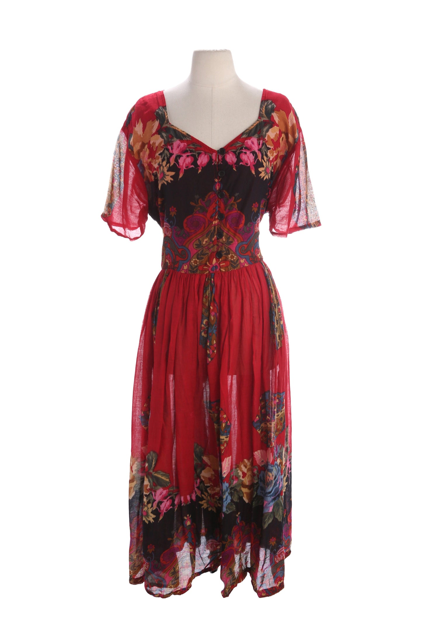 Vintage Women's Floral Print Red Short Sleeve Red Summer Dress - Estimated Era 1980's - 1990's