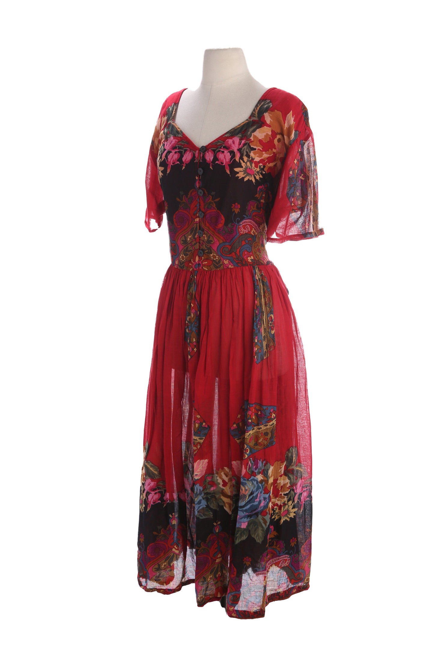 Vintage Women's Floral Print Red Short Sleeve Red Summer Dress - Estimated Era 1980's - 1990's