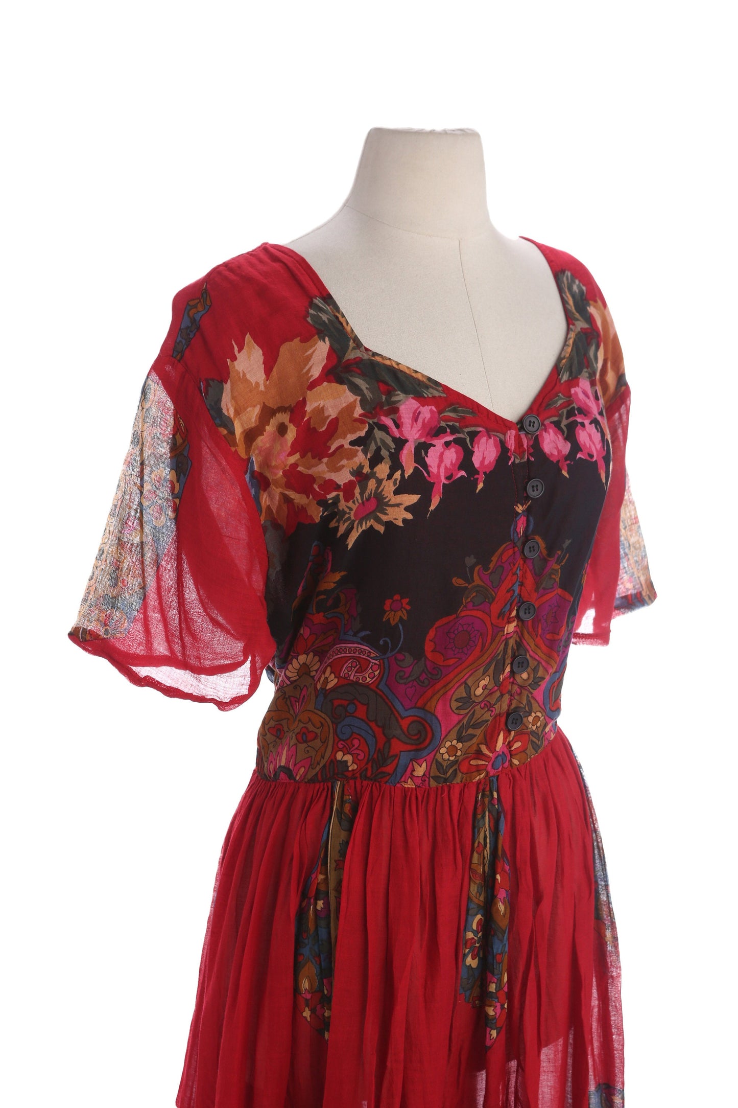 Vintage Women's Floral Print Red Short Sleeve Red Summer Dress - Estimated Era 1980's - 1990's