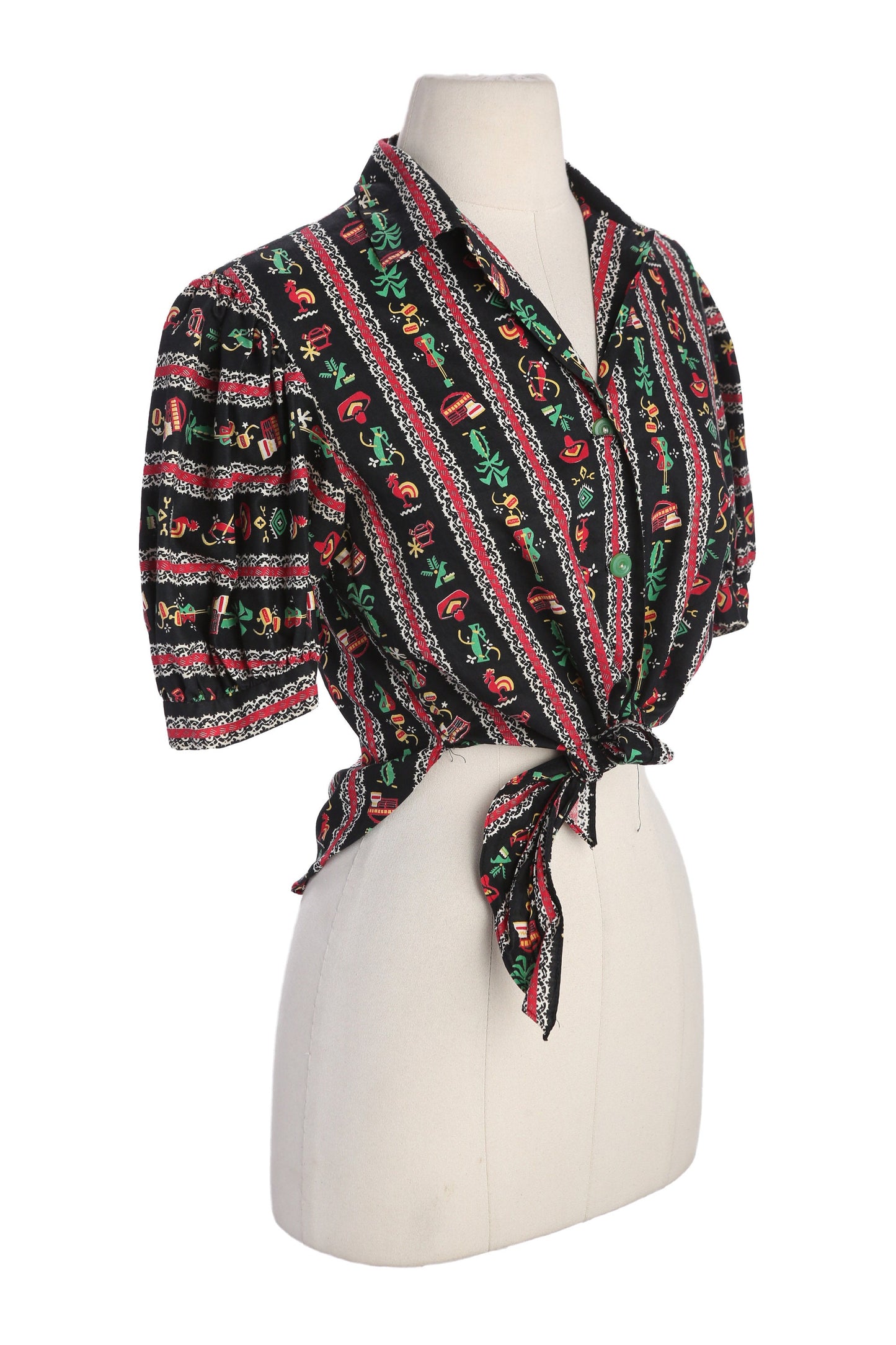Vintage Women Cotton Short Sleeve Mexican Fiesta Print Button Up Blouse - Estimated Era 1940s - 1950s