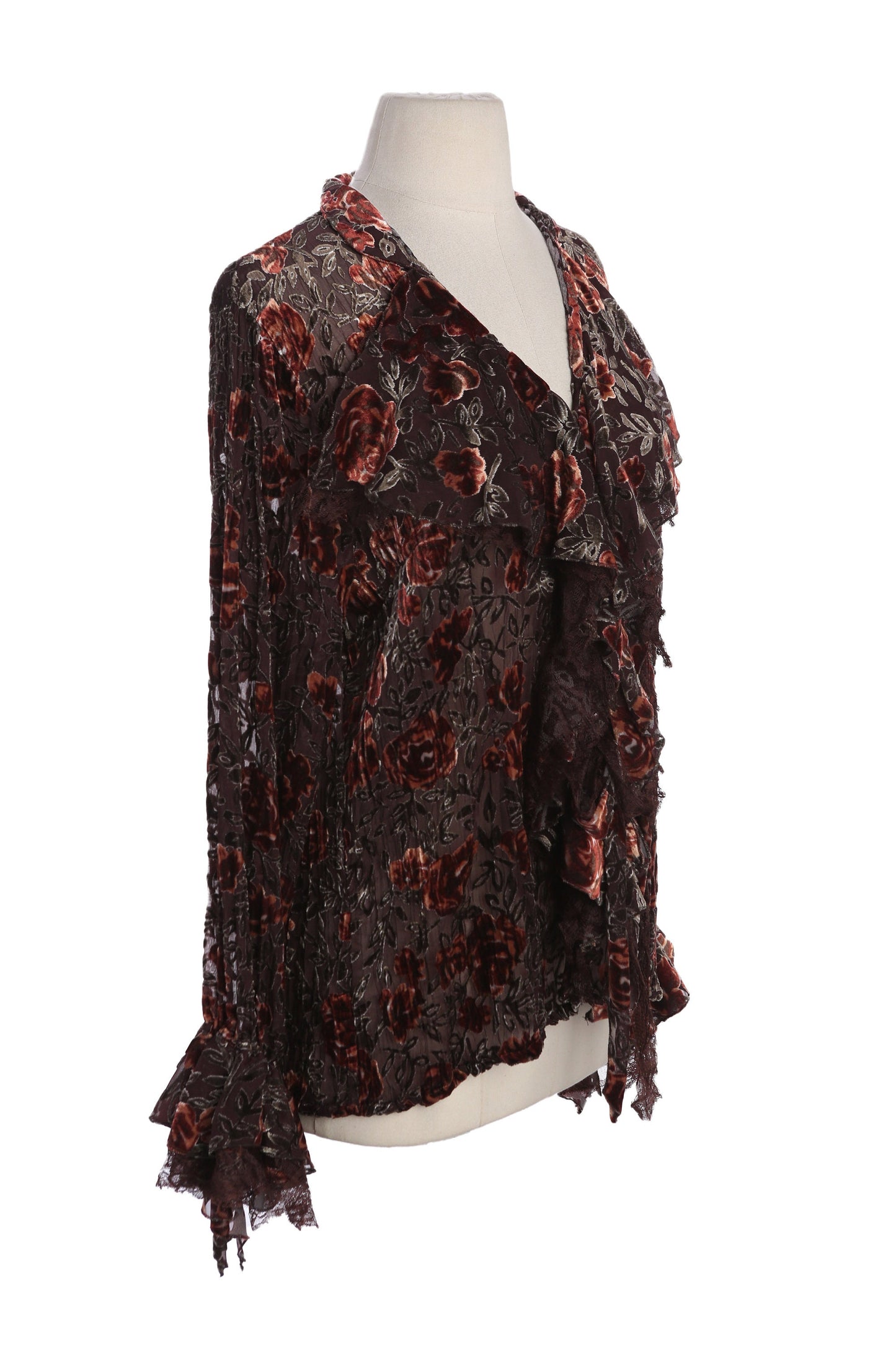 Y2K Women Brown Sheer Floral Long Sleeve Top