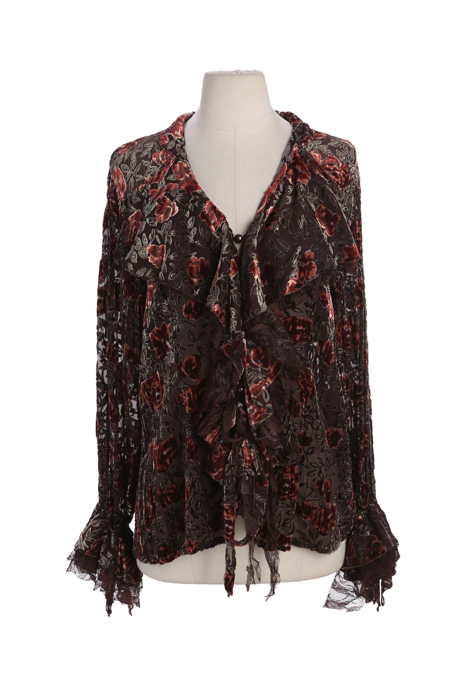 Y2K Women Brown Sheer Floral Long Sleeve Top