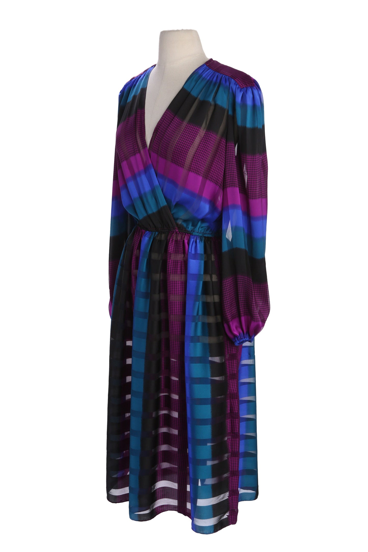 80s Women Evening Polyester Long Sleeve Multicolor Striped Pattern evening Dress
