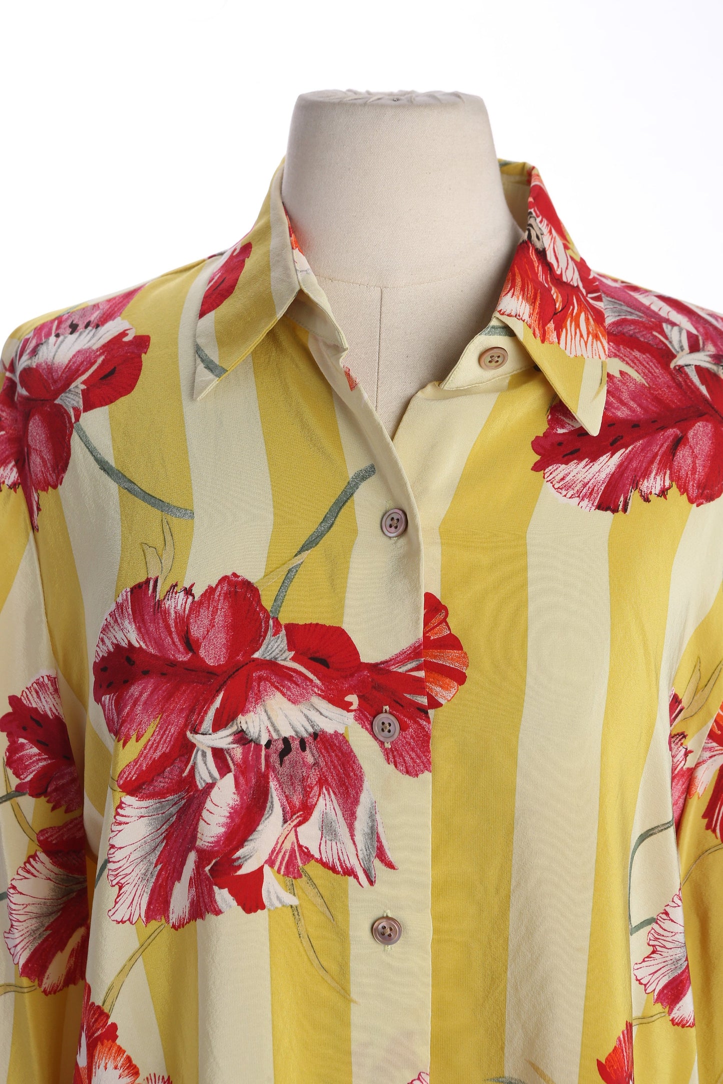 Y2K Women Red Floral Print Yellow Striped Silk Casual Top by Linda Allard for Ellen Tracy