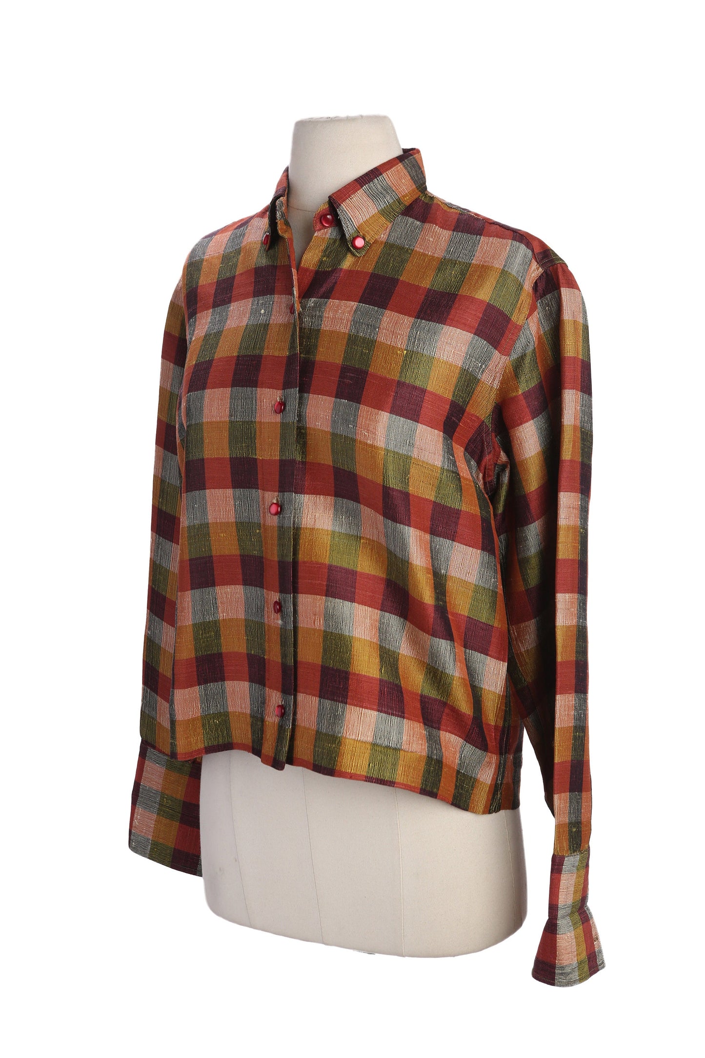 Vintage Women's Plaid Long Sleeve Button Up High Waist Top - Hand Loomed in New Delhi India