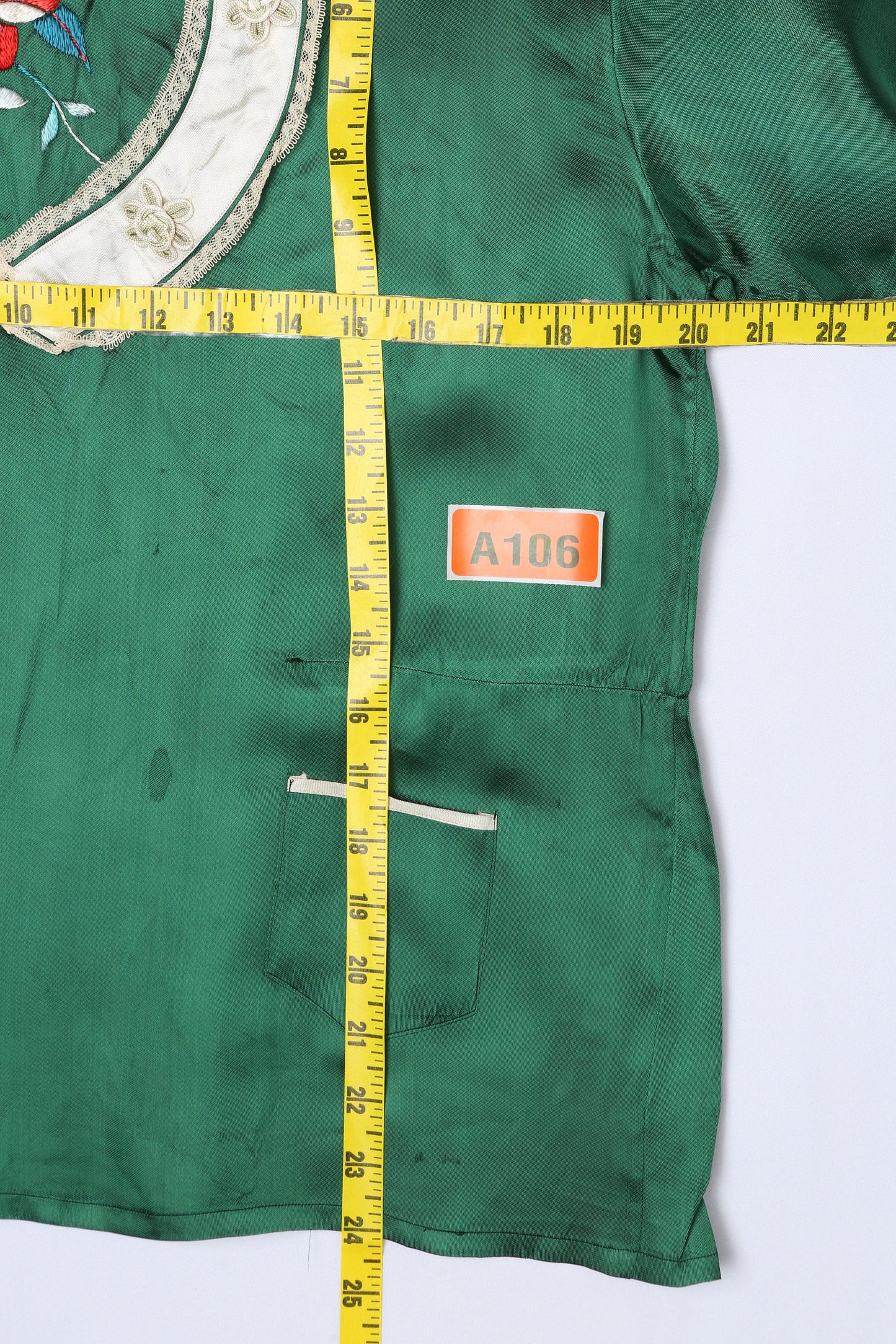 Vintage Women's Green Satin Cheongsam Blouse with Flower embroidered Design - Estimated Era 1960's - 1970's