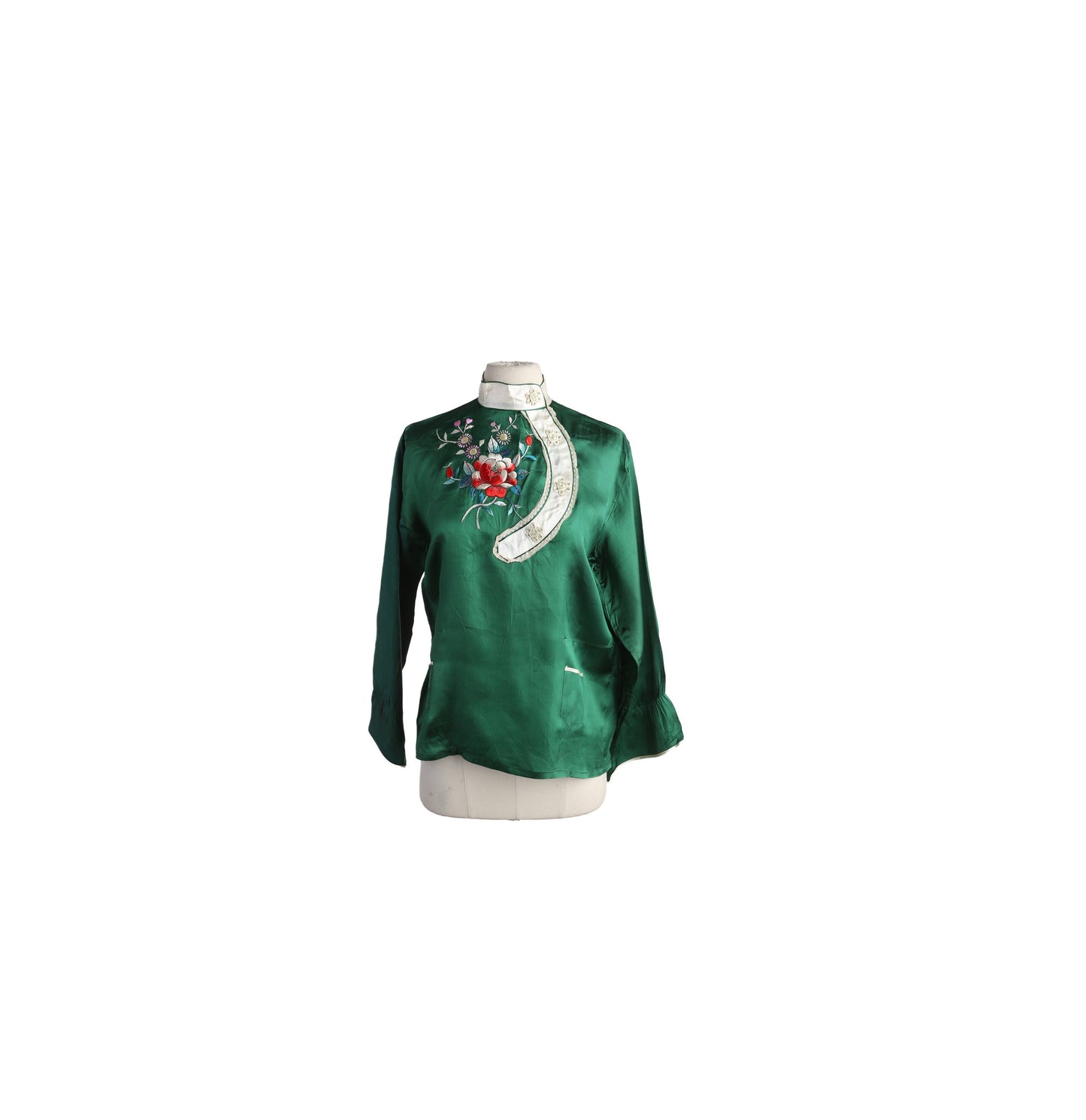 Vintage Women's Green Satin Cheongsam Blouse with Flower embroidered Design - Estimated Era 1960's - 1970's