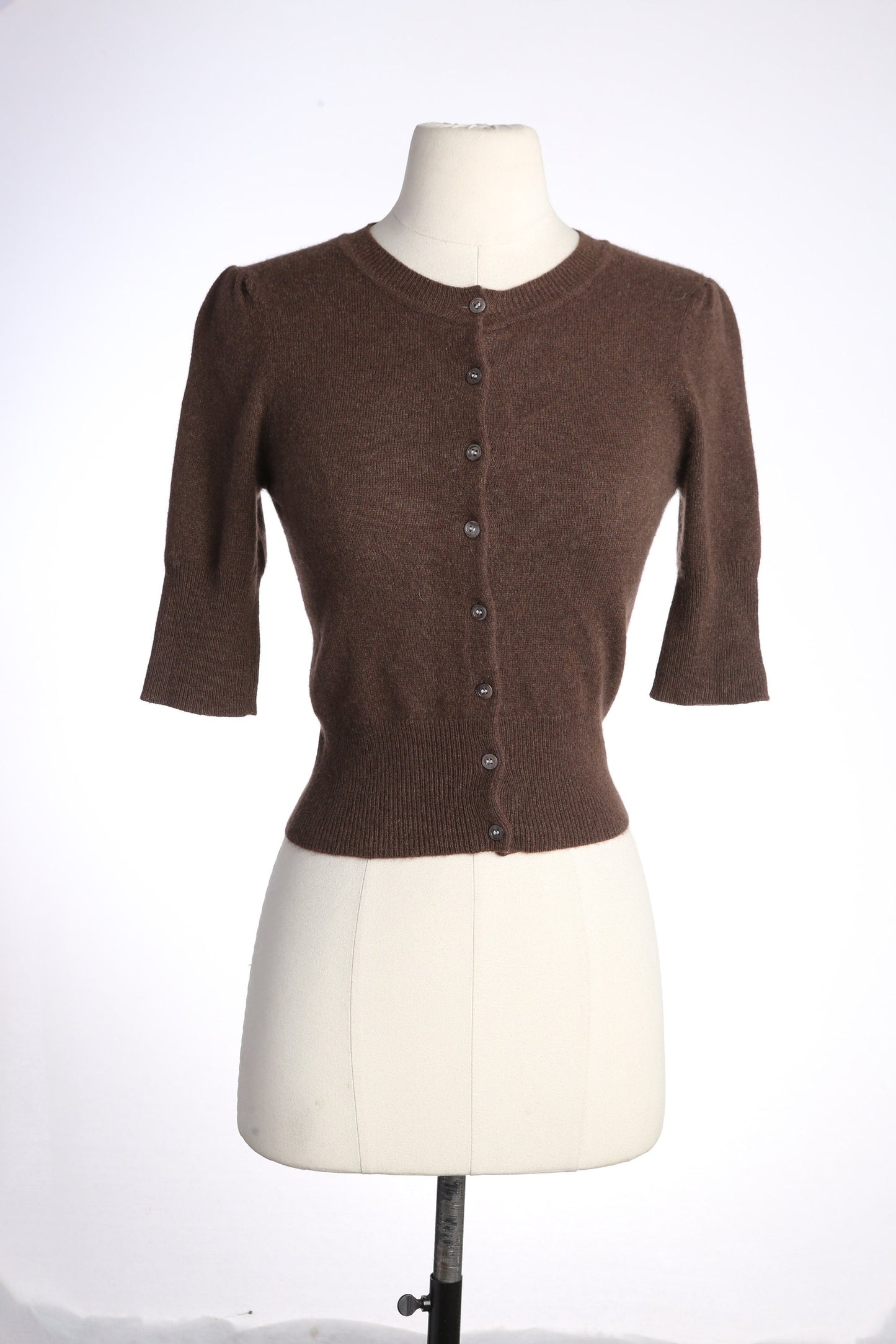 Women's Brown 3/4 Sleeve Cardigan Crew Neck Cashmere Sweater