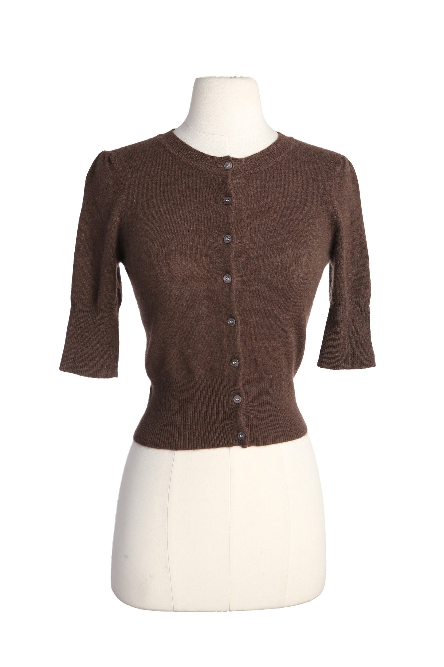 Women's Brown 3/4 Sleeve Cardigan Crew Neck Cashmere Sweater