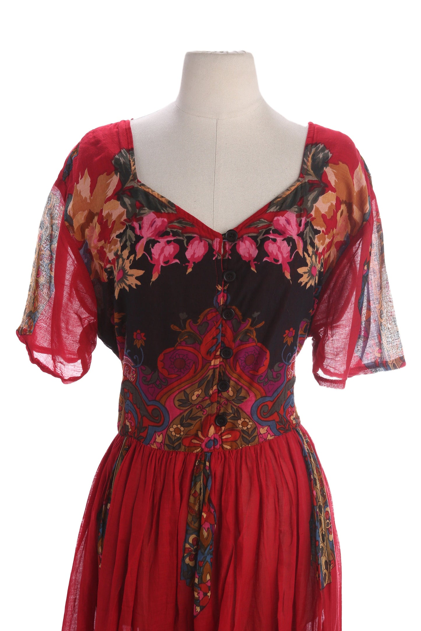 Vintage Women's Floral Print Red Short Sleeve Red Summer Dress - Estimated Era 1980's - 1990's