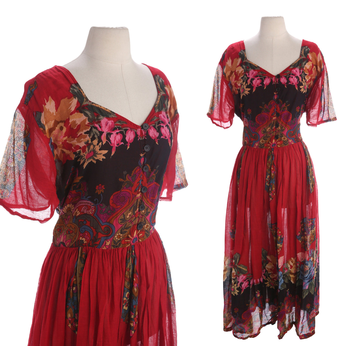 Vintage Women's Floral Print Red Short Sleeve Red Summer Dress - Estimated Era 1980's - 1990's