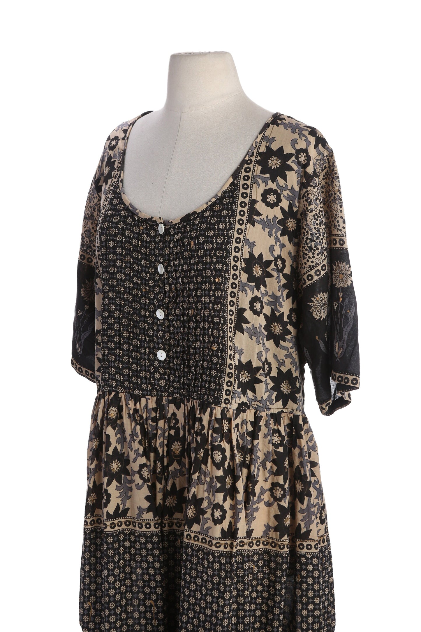 90s Women Black Floral Print Mumu Short Sleeve Dress by La Cera - Made in India