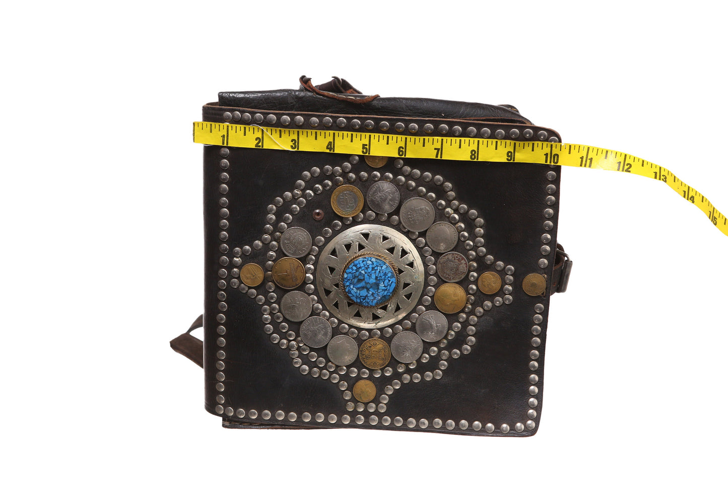 Vintage Leather Bag with Maroc Franc Studded Coins - Est Era 1970's - 1980's