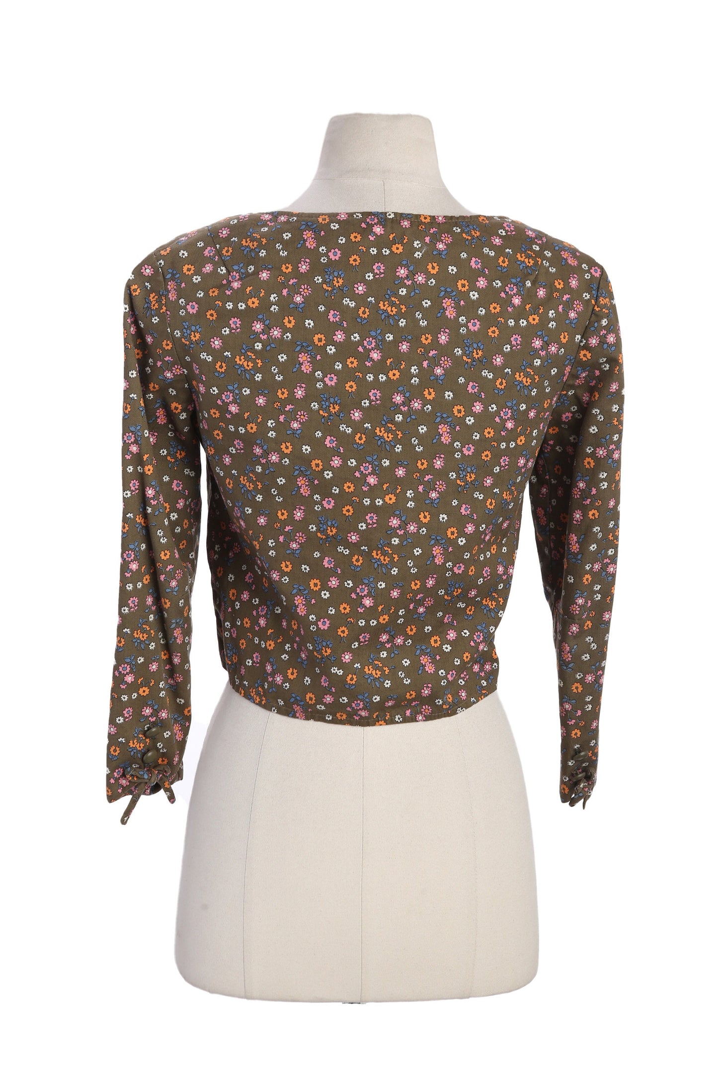 Vintage Women Floral Print Brown Longs Sleeve Top by Garey Petite Juniors - Est Era 60s - 70s