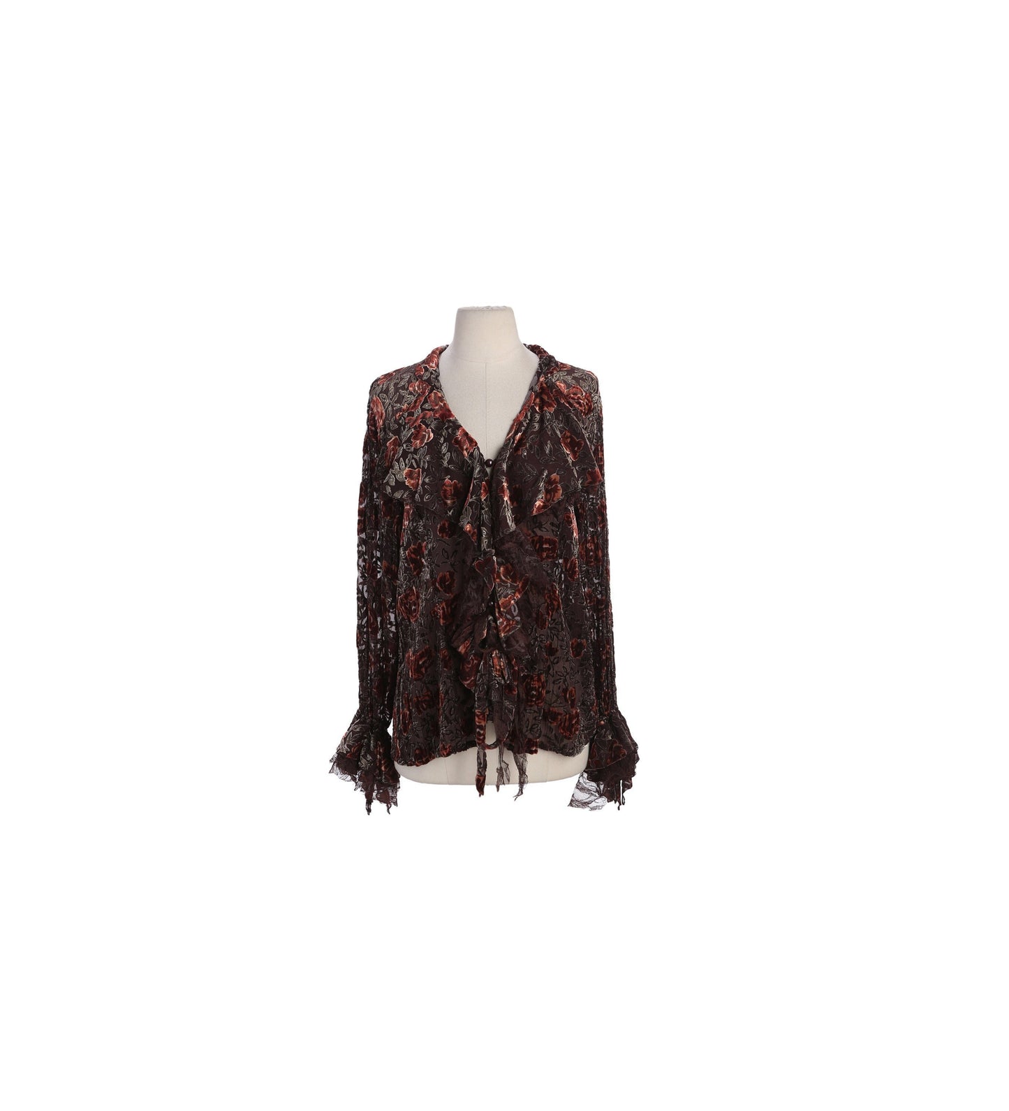 Y2K Women Brown Sheer Floral Long Sleeve Top