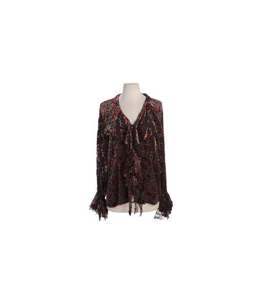 Y2K Women Brown Sheer Floral Long Sleeve Top