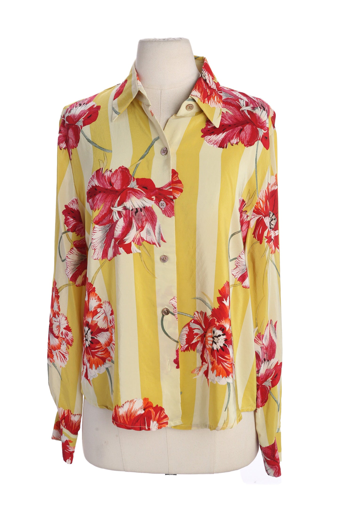 Y2K Women Red Floral Print Yellow Striped Silk Casual Top by Linda Allard for Ellen Tracy
