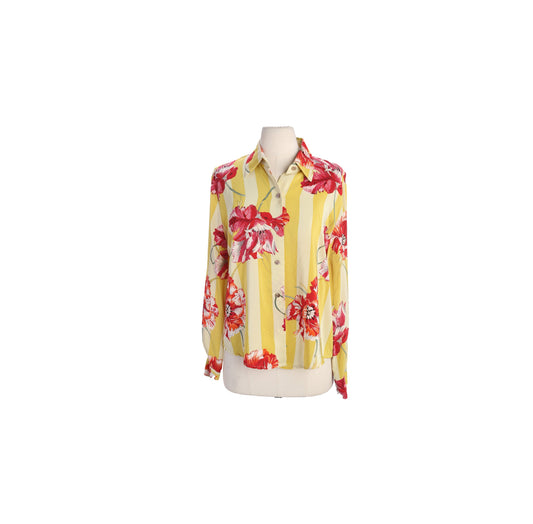Y2K Women Red Floral Print Yellow Striped Silk Casual Top by Linda Allard for Ellen Tracy