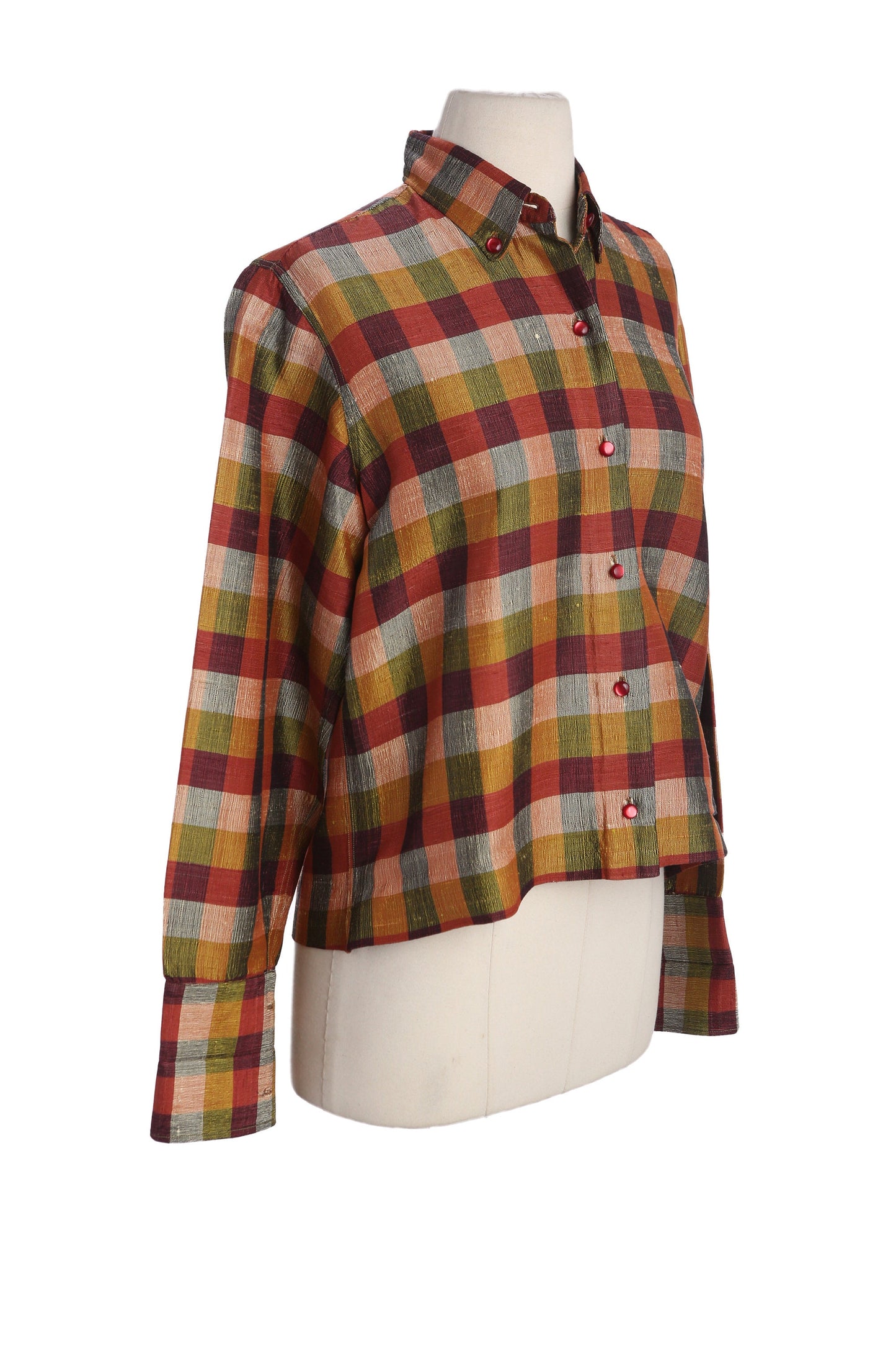 Vintage Women's Plaid Long Sleeve Button Up High Waist Top - Hand Loomed in New Delhi India