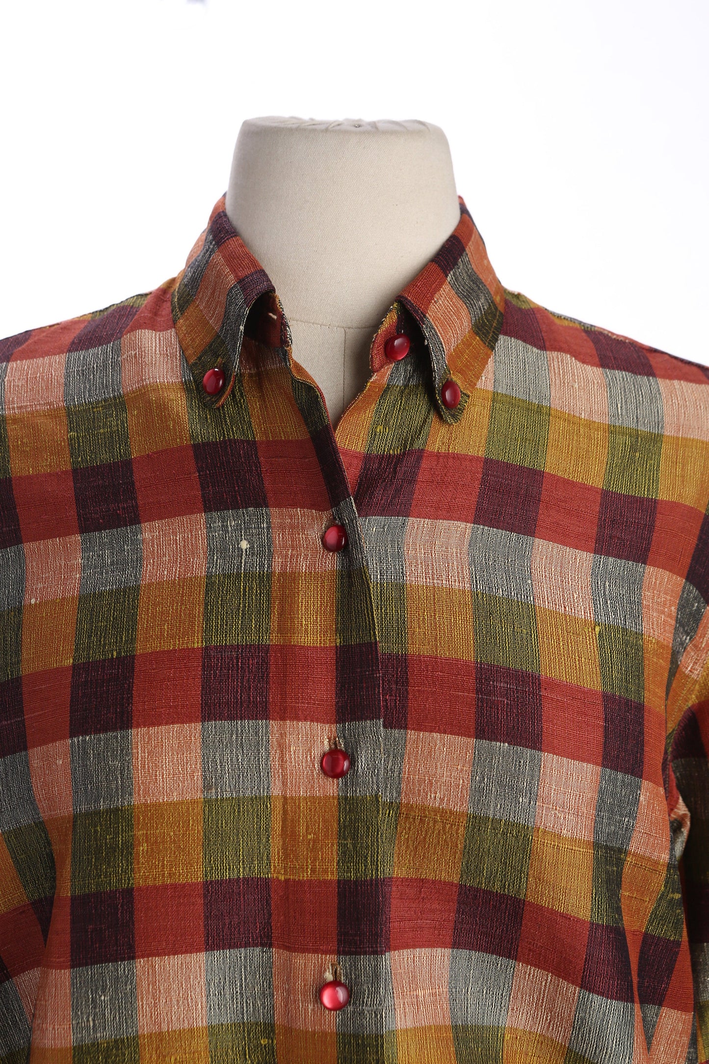 Vintage Women's Plaid Long Sleeve Button Up High Waist Top - Hand Loomed in New Delhi India