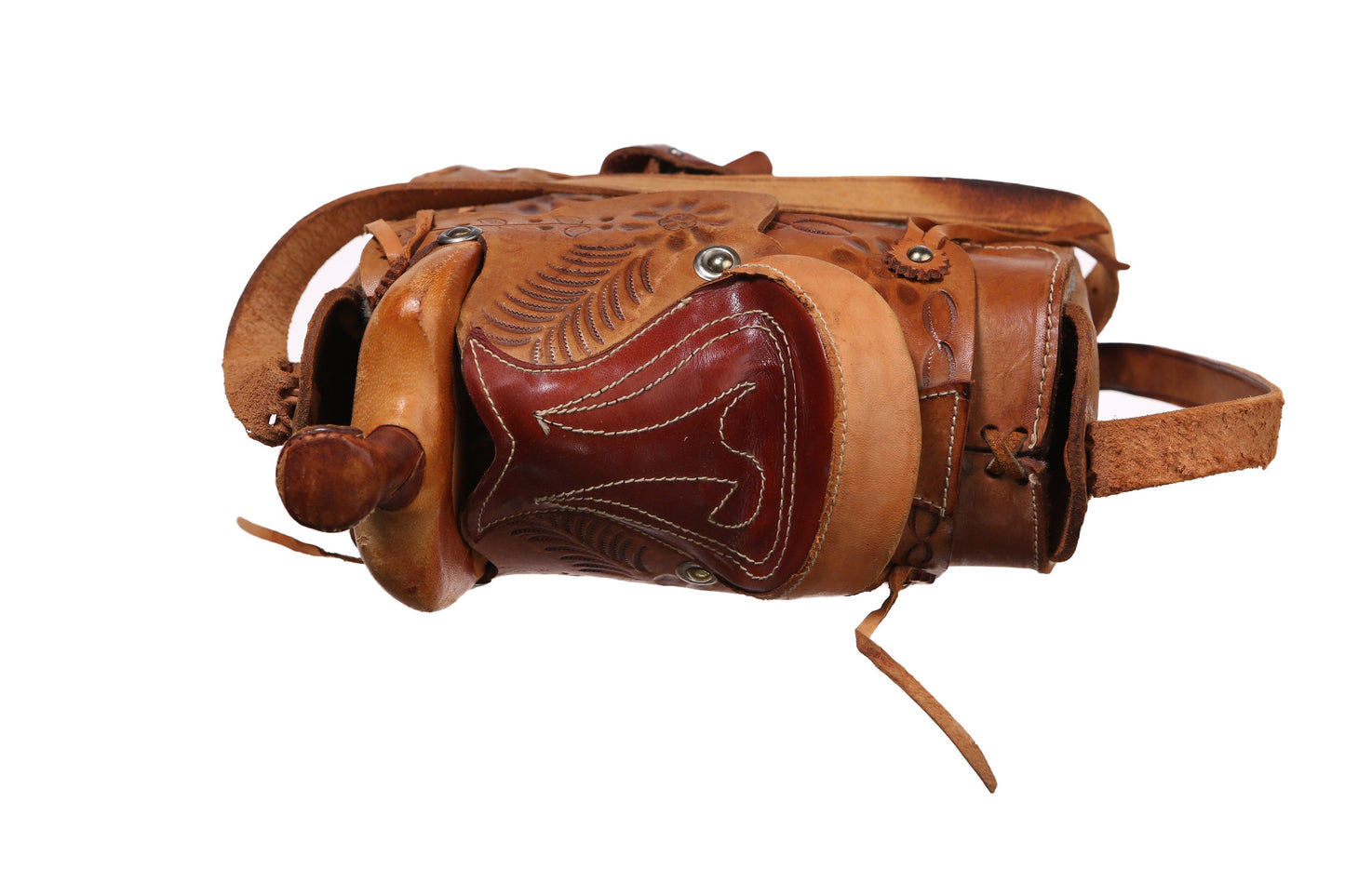 Vintage Tooled Leather Bag with Horse Saddle Design - Est Era 1970's - 1980's