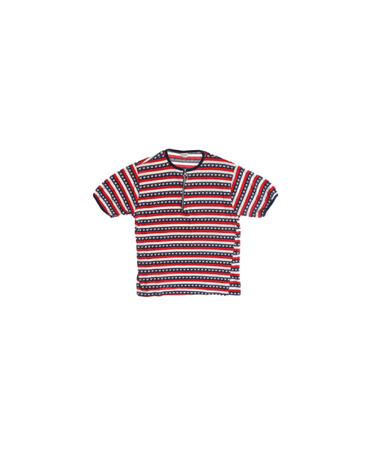 1970s Polyester Top with Red and Blue Stripes Print - White Stars - Half Chest Zipper Closure