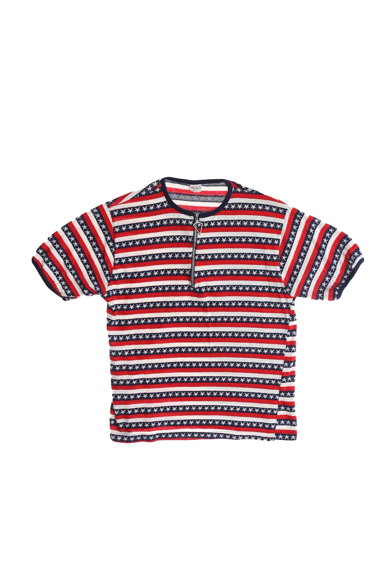 1970s Polyester Top with Red and Blue Stripes Print - White Stars - Half Chest Zipper Closure