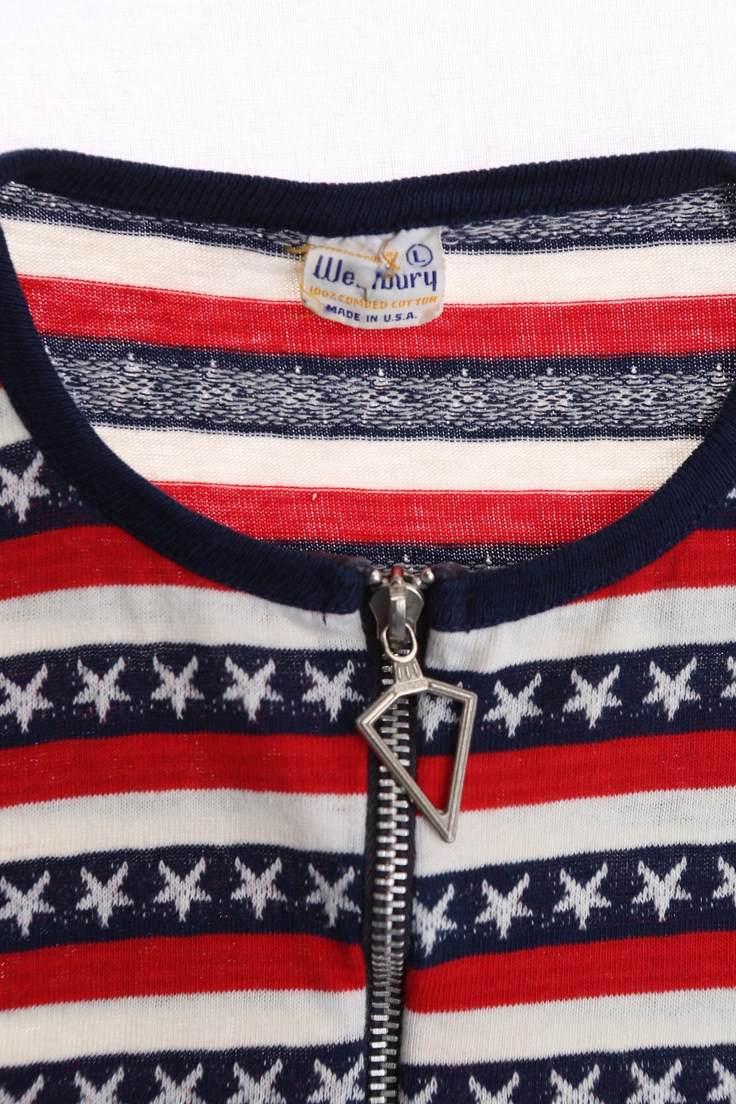 1970s Polyester Top with Red and Blue Stripes Print - White Stars - Half Chest Zipper Closure