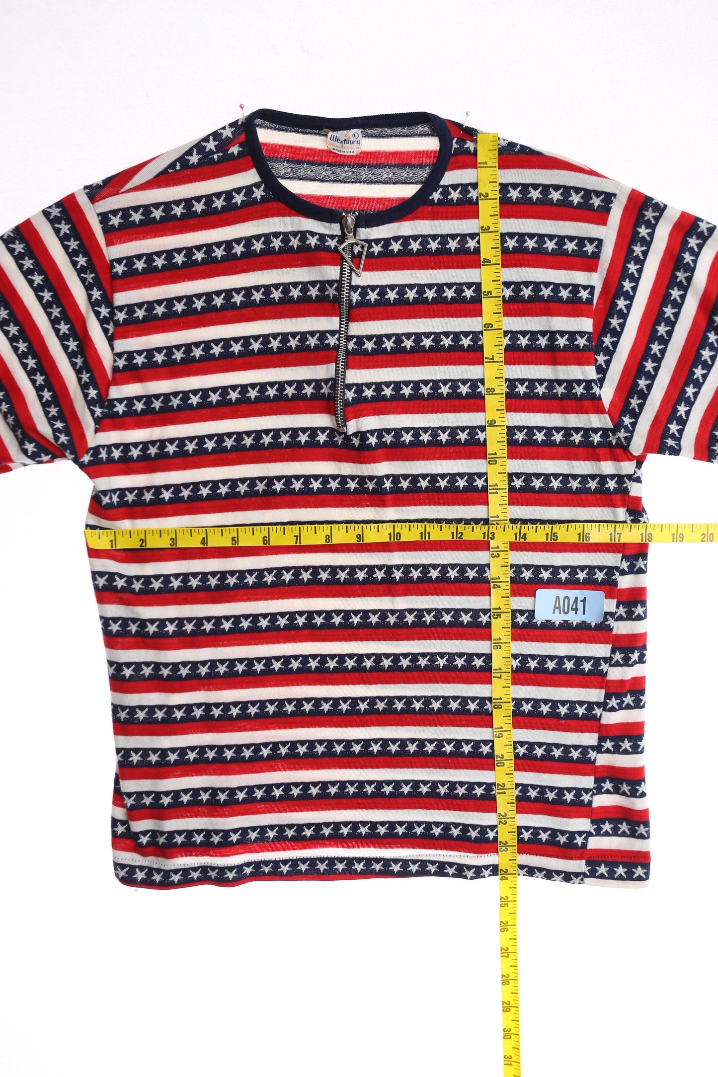 1970s Polyester Top with Red and Blue Stripes Print - White Stars - Half Chest Zipper Closure