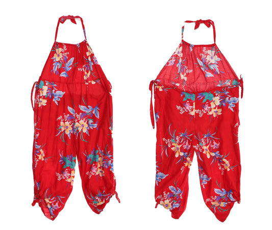 Vintage Women's Red Floral Print Halter Jumpsuit with Side Tie Closures - Estimated Era 70s - 80s