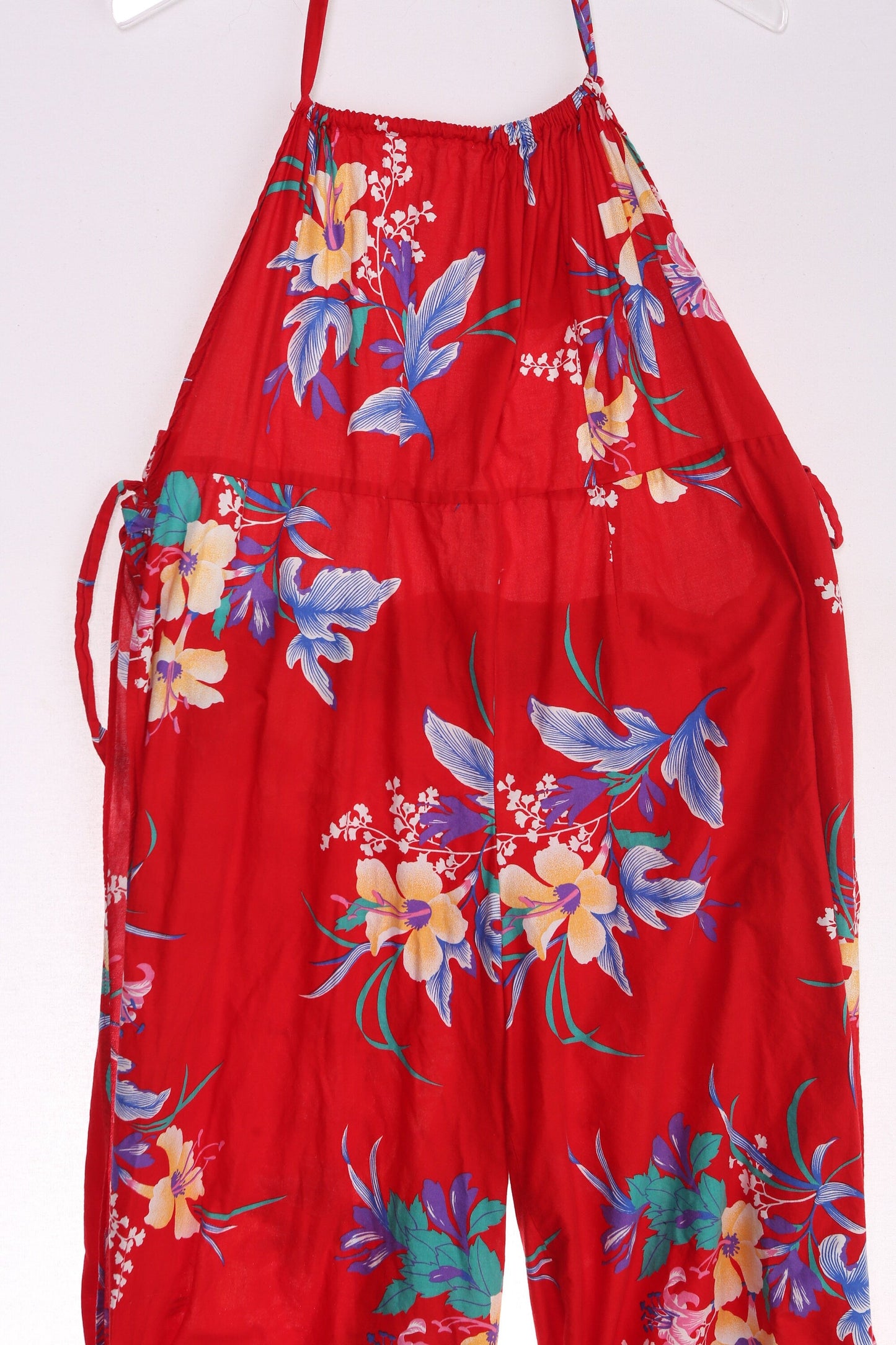 Vintage Women's Red Floral Print Halter Jumpsuit with Side Tie Closures - Estimated Era 70s - 80s