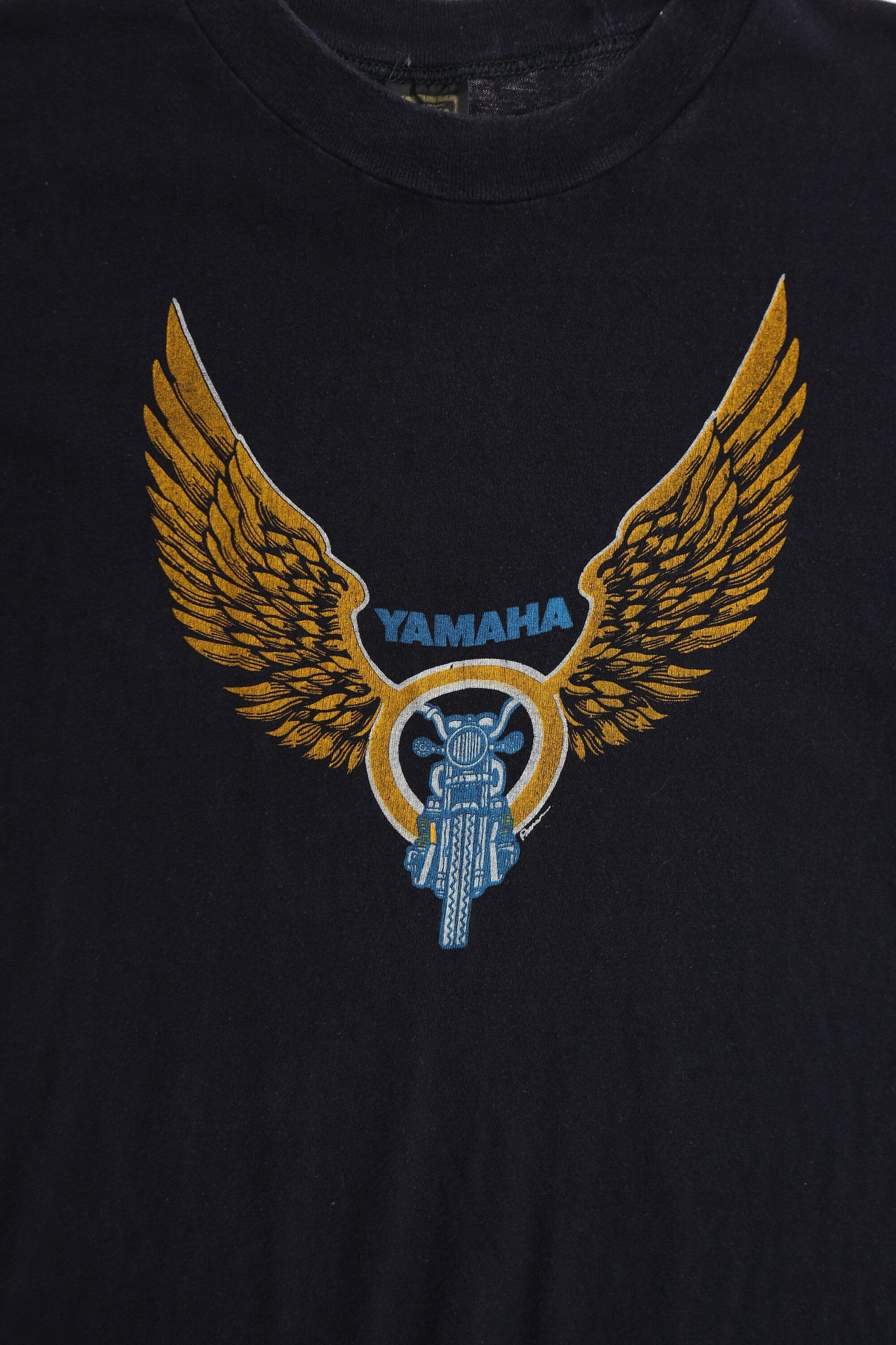 Yamaha Motorcycle with Yellow Wings Vintage Black Graphic T-shirt - Era 1980s - 1990s