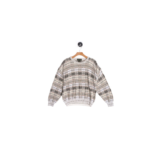 Men 90's Crew Neck Sweater - White and Beige Plaid Details